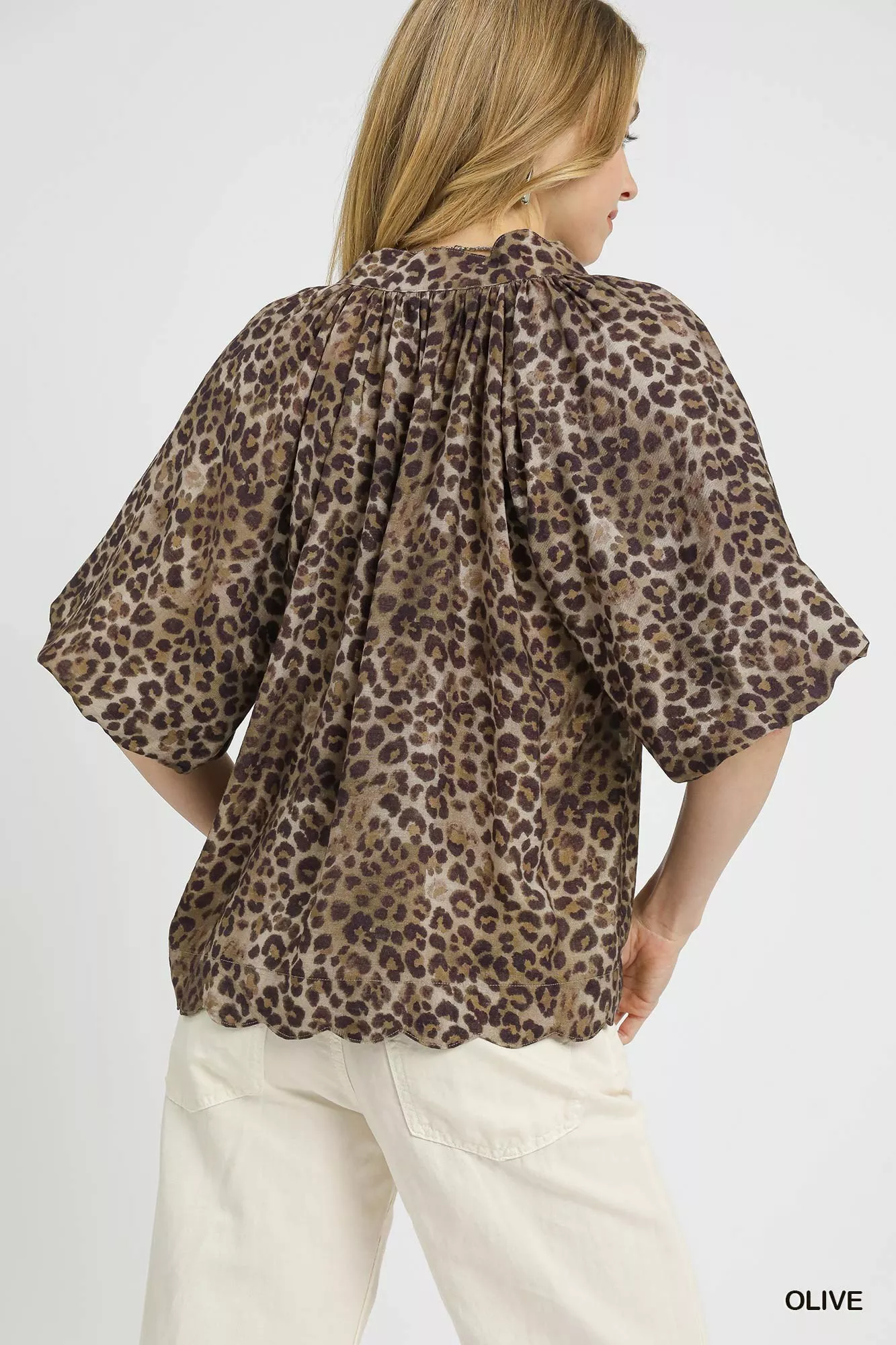 Umgee Leopard Bubble Sleeve Scalloped Hem Blouse - Image 3