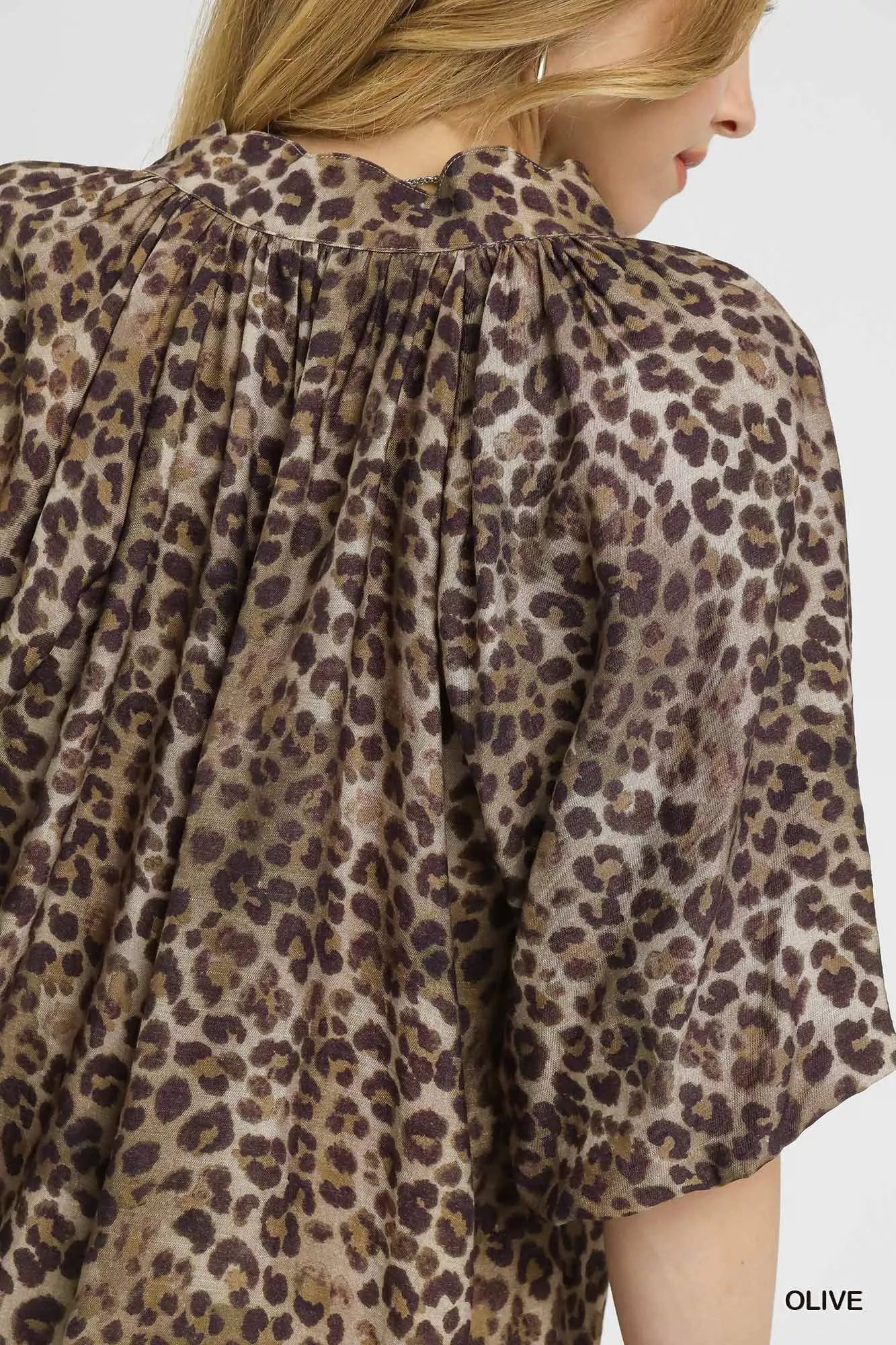 Umgee Leopard Bubble Sleeve Scalloped Hem Blouse - Image 4
