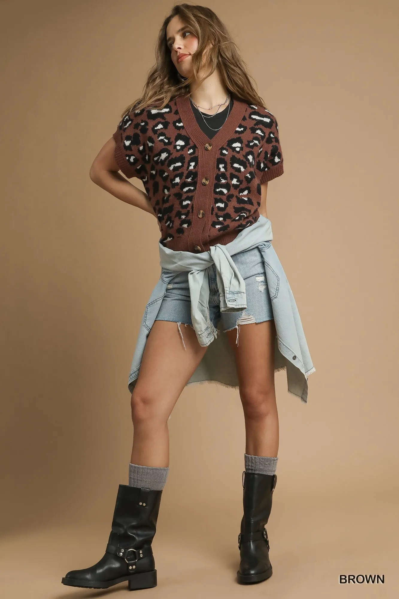 Umgee Leopard Button Down Short Sleeve Cardigan - Image 2