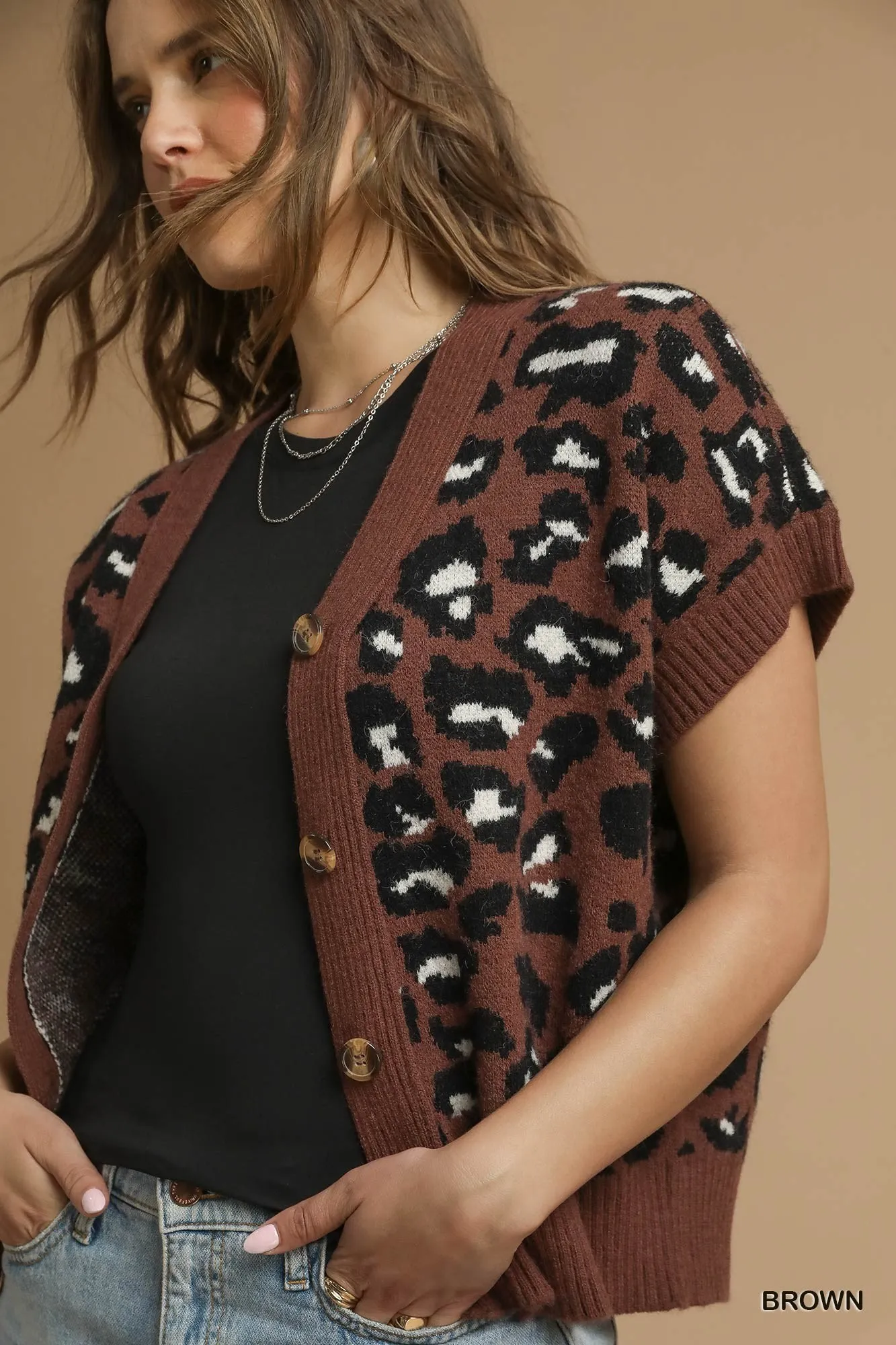 Umgee Leopard Button Down Short Sleeve Cardigan - Image 5