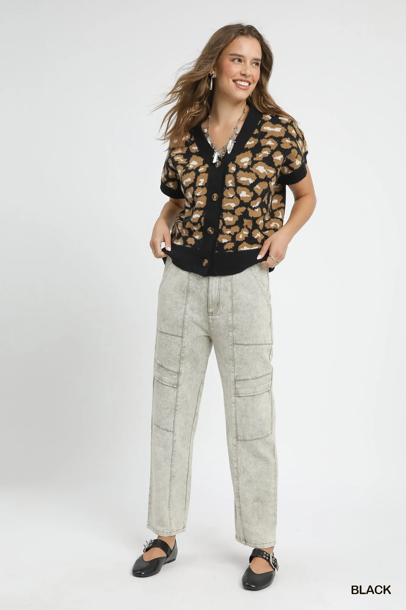 Umgee Leopard Button Down Short Sleeve Cardigan - Image 2