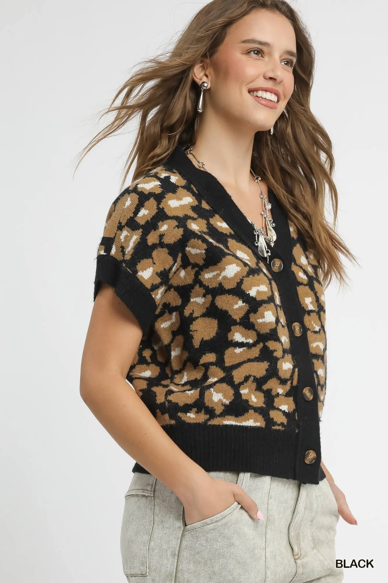 Umgee Leopard Button Down Short Sleeve Cardigan - Image 3
