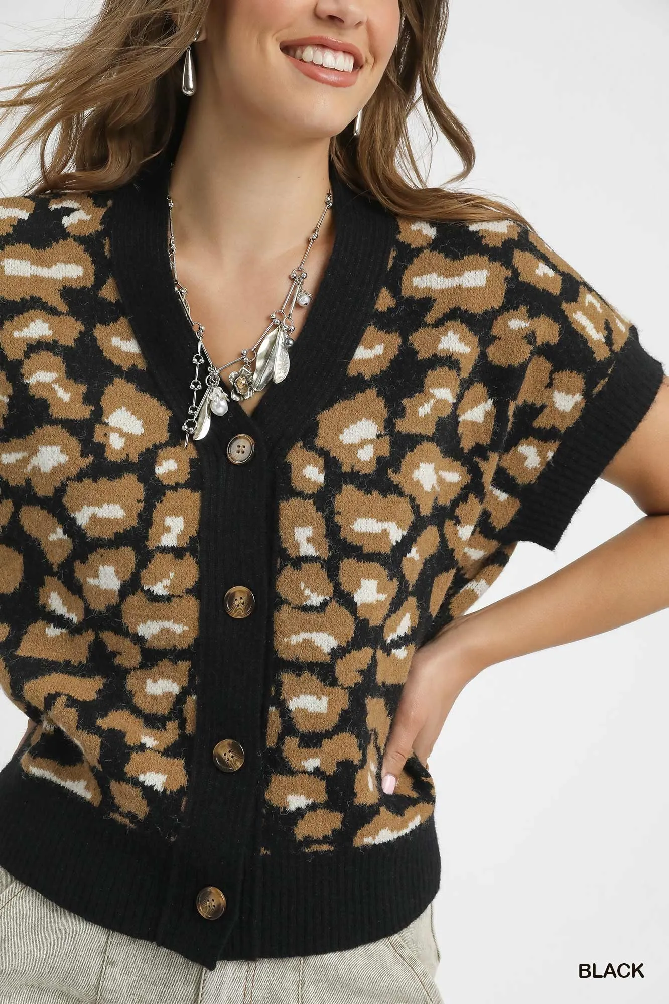 Umgee Leopard Button Down Short Sleeve Cardigan - Image 5