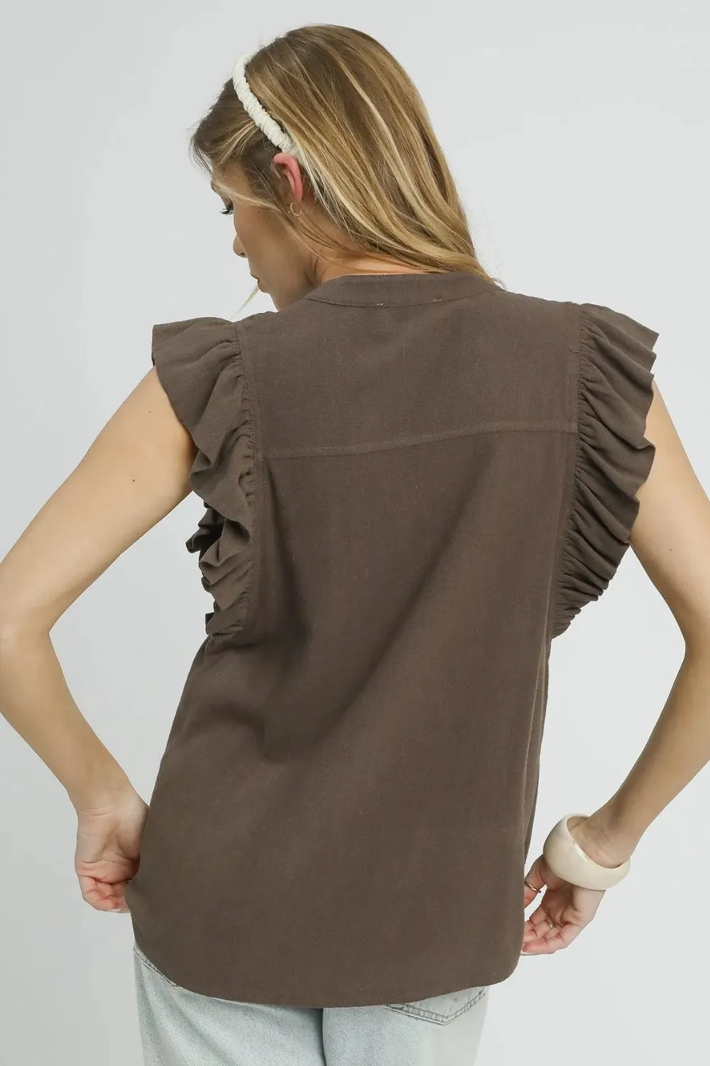 Umgee Linen Ruffle Sleeve Button-Down Shirt - Image 3