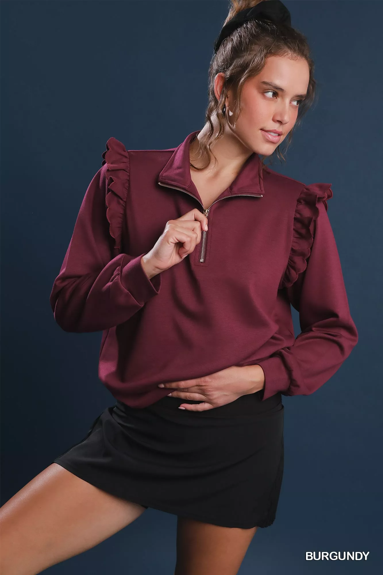 Umgee Luxeknit Ruffle Shoulder Quarter-Zip Sweatshirt - Image 2
