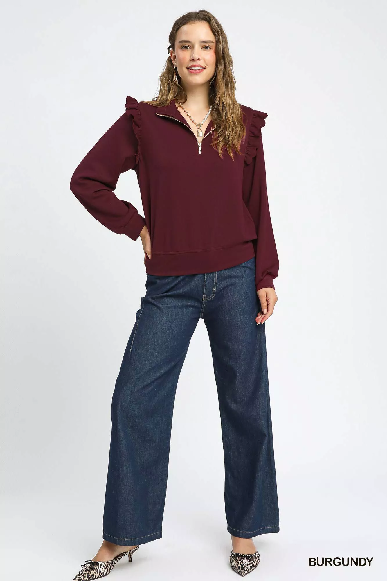 Umgee Luxeknit Ruffle Shoulder Quarter-Zip Sweatshirt - Image 4