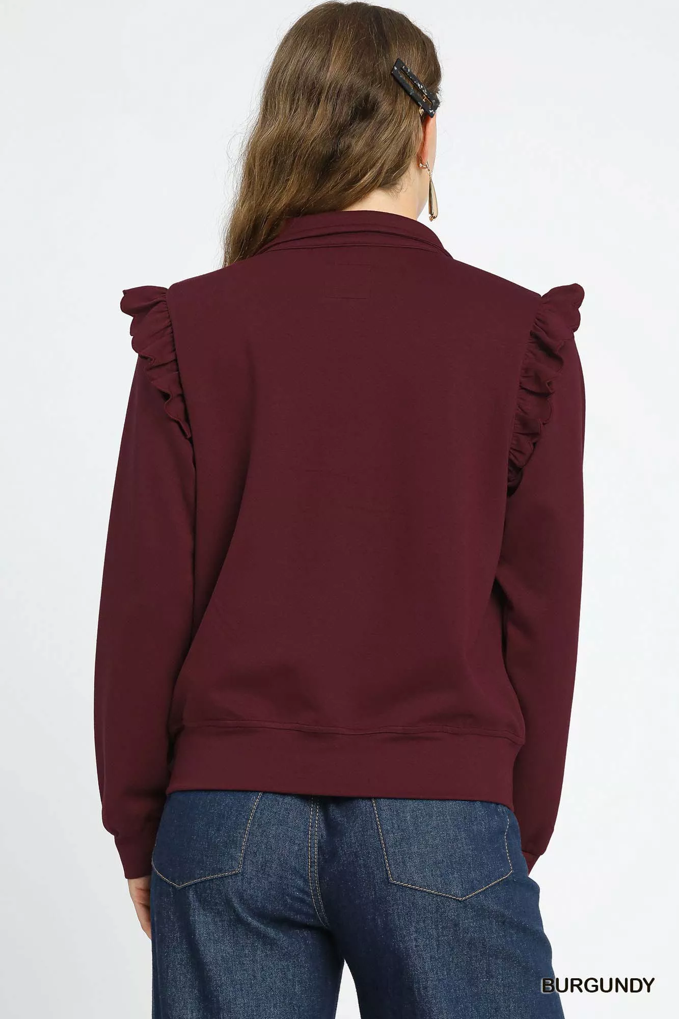 Umgee Luxeknit Ruffle Shoulder Quarter-Zip Sweatshirt - Image 5
