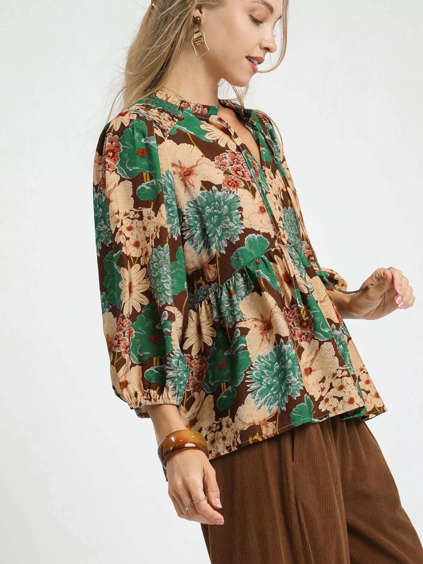 Umgee Mix Floral Peplum Blouse with Tie Neck - Image 2