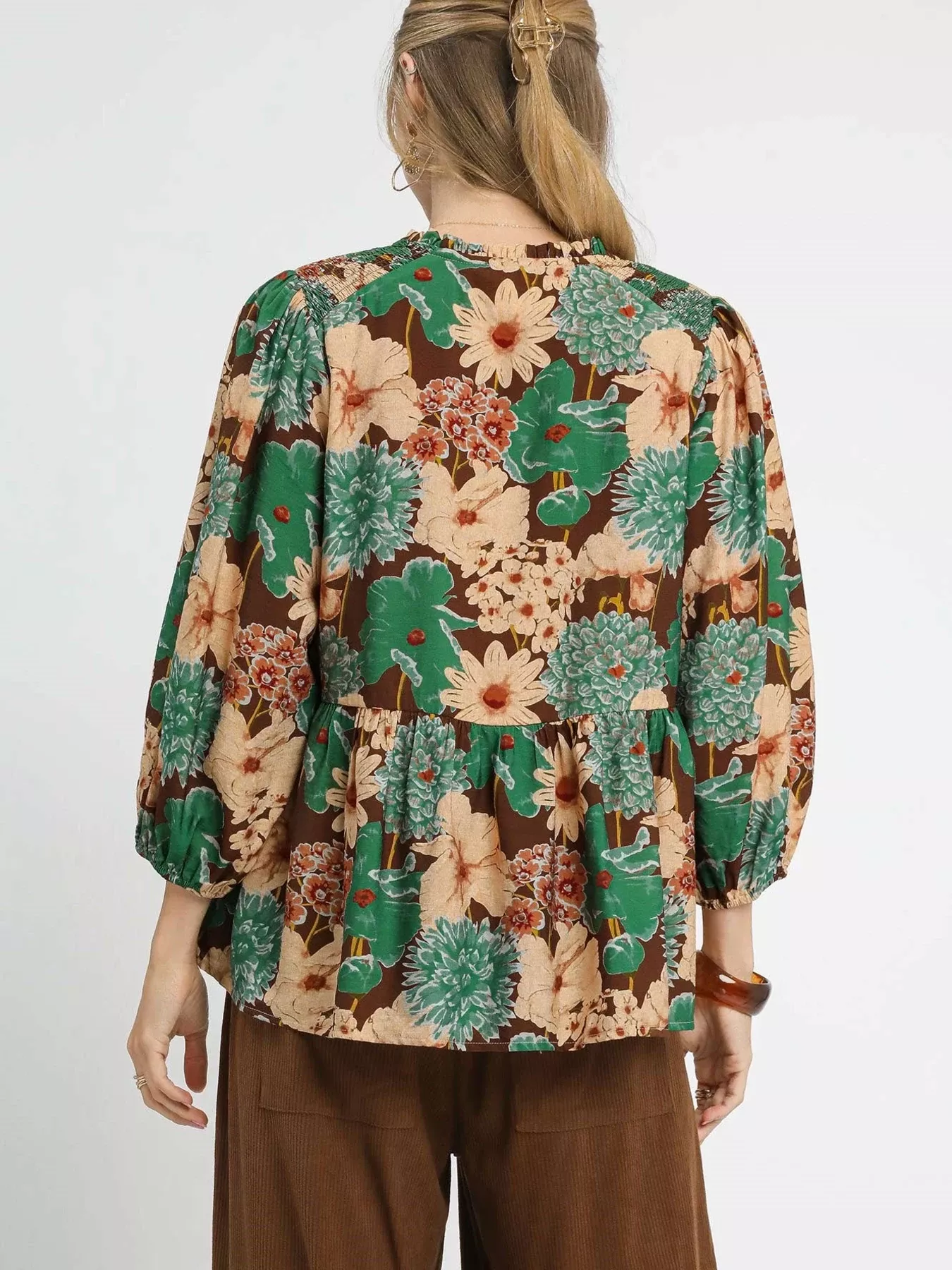 Umgee Mix Floral Peplum Blouse with Tie Neck - Image 3