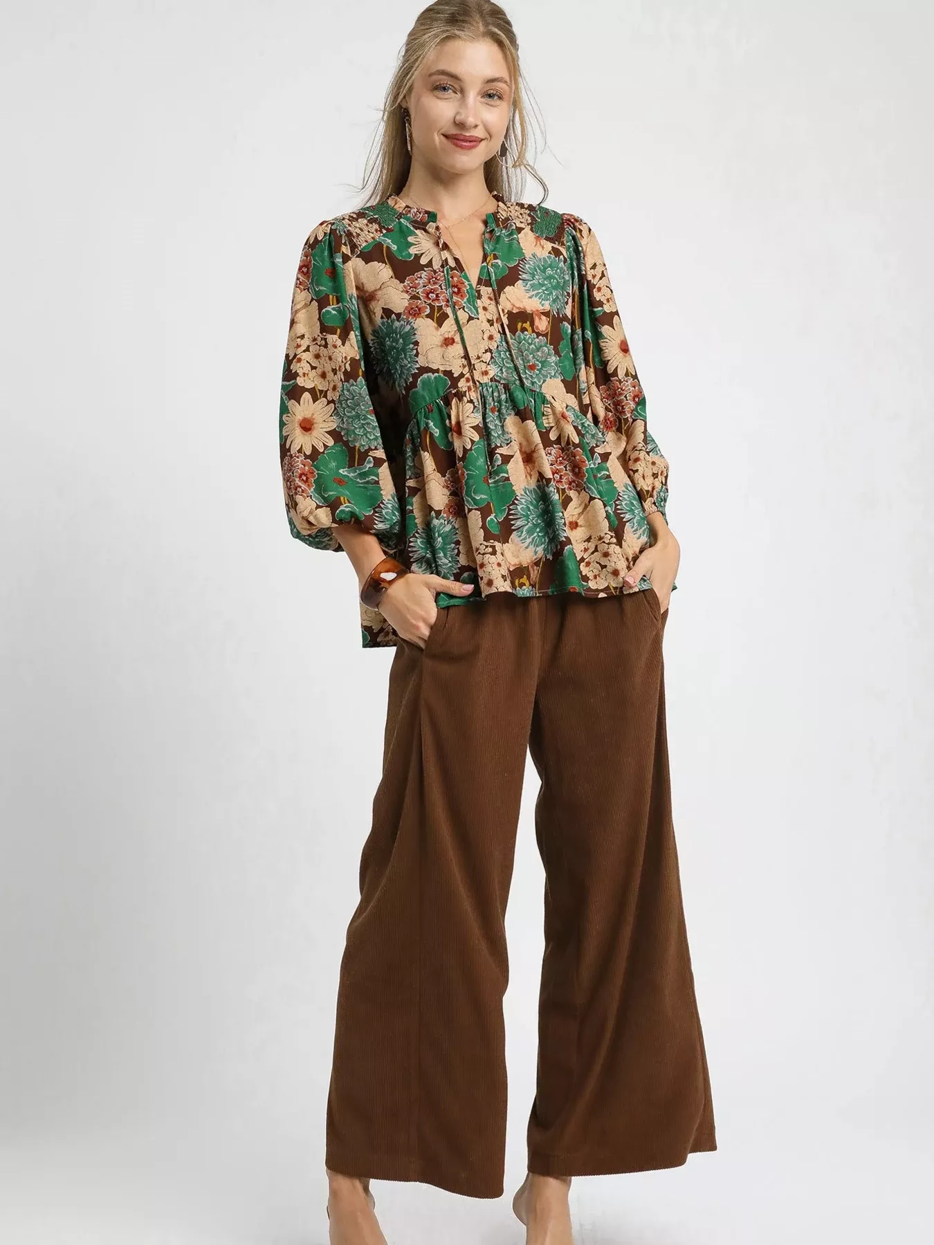Umgee Mix Floral Peplum Blouse with Tie Neck - Image 4