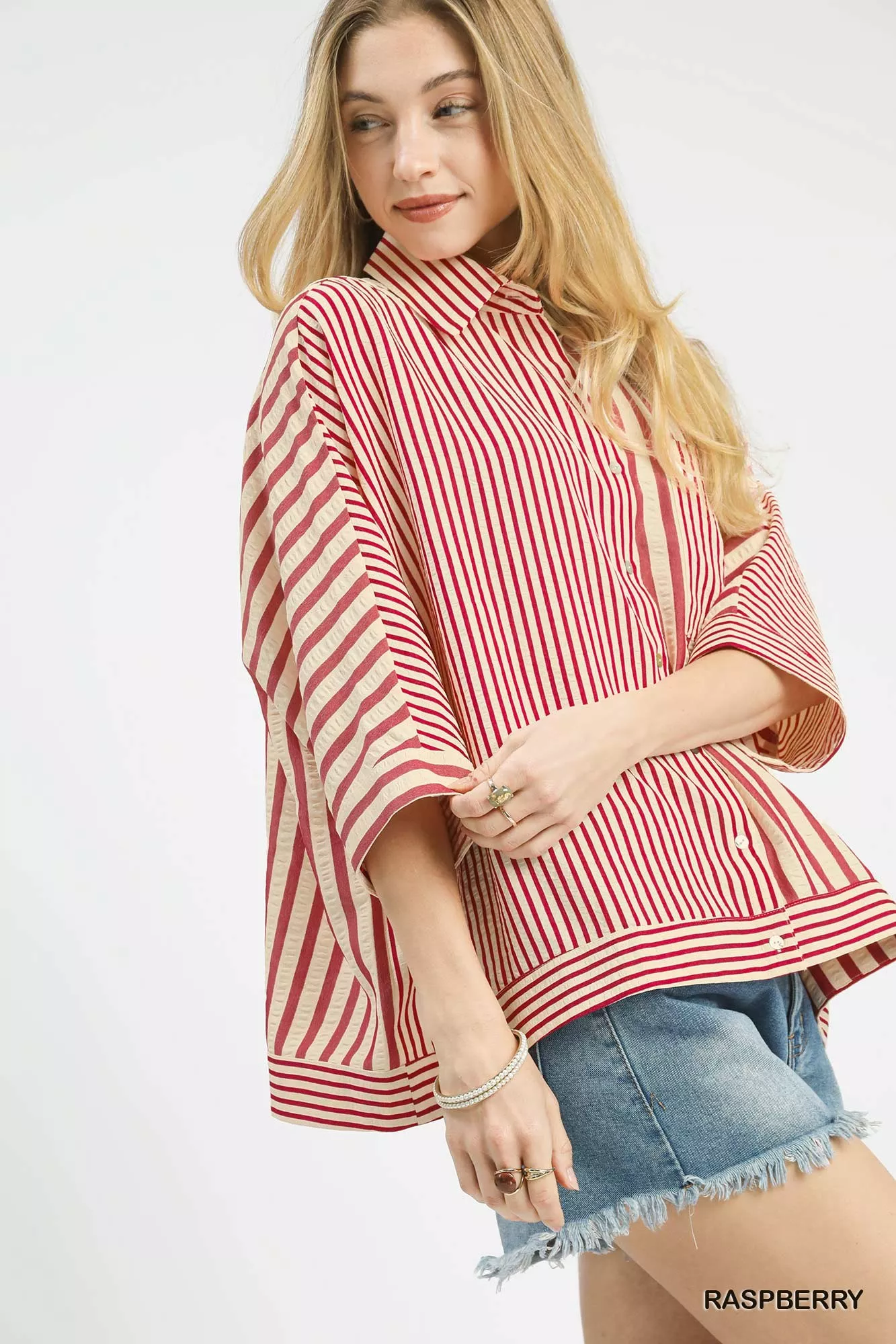 Umgee Mixed Stripe Oversized Button Down Top - Image 2