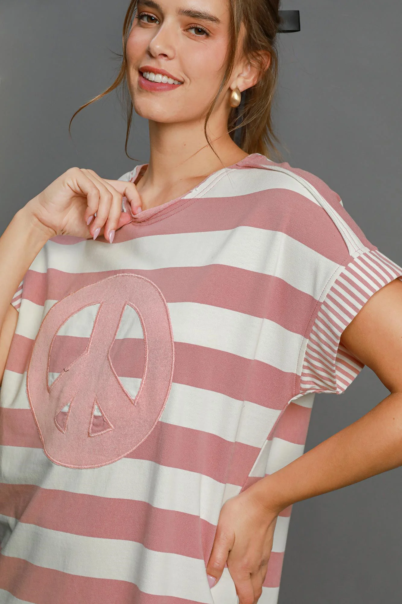 Umgee Peace Applique Striped Short Sleeve Mini Dress - Image 5