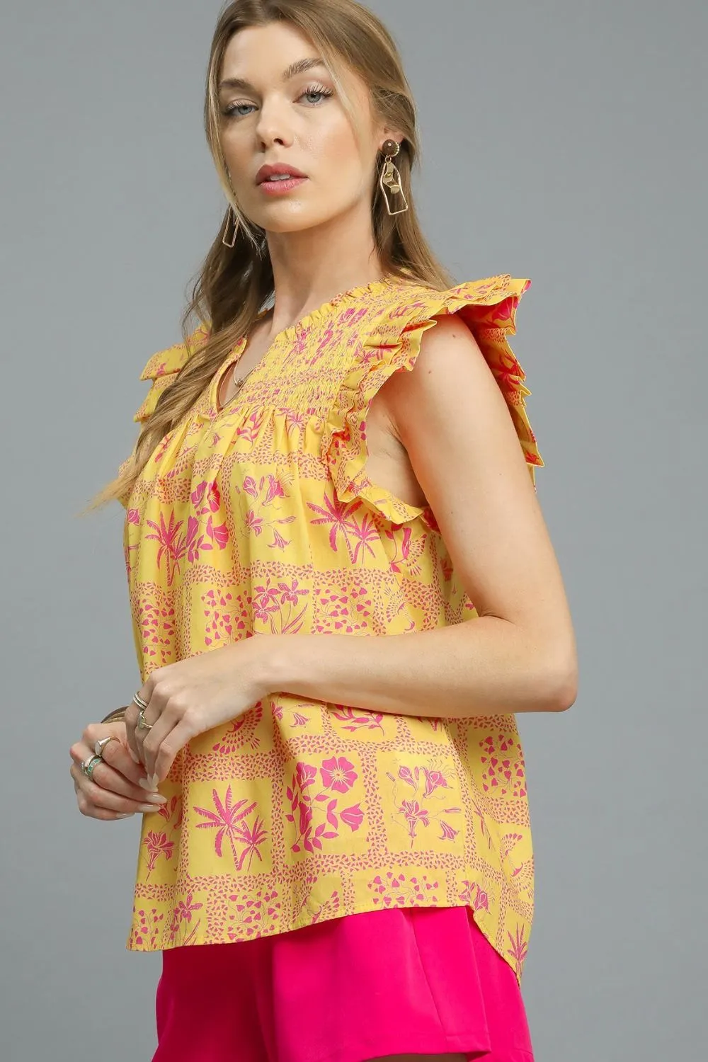 Umgee Printed Ruffle Cap Sleeve Blouse - Image 2