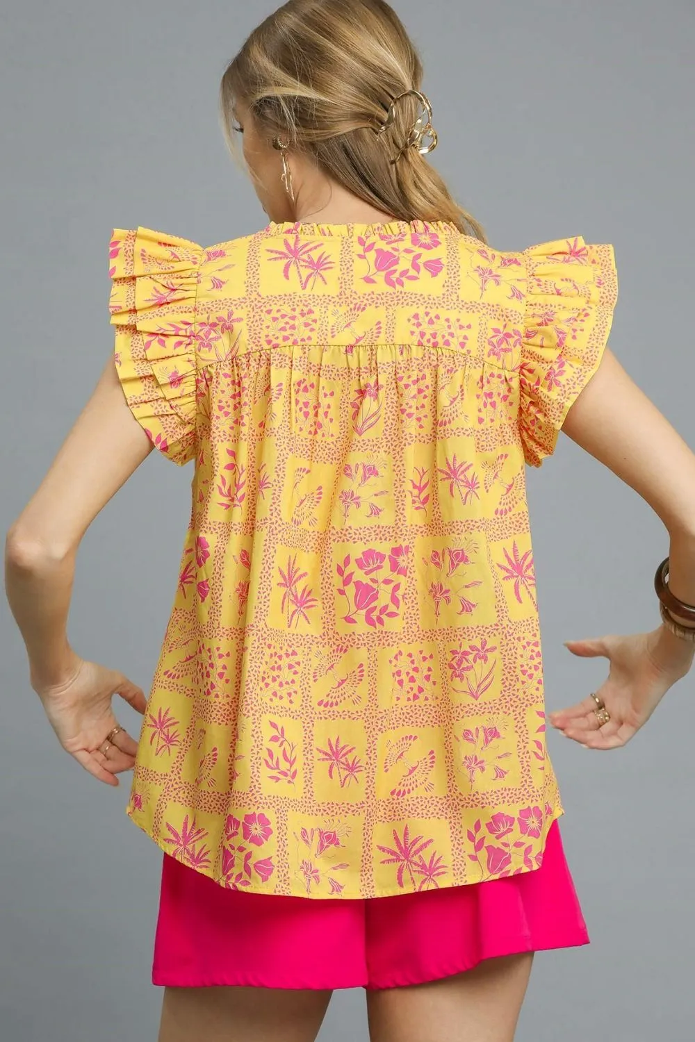 Umgee Printed Ruffle Cap Sleeve Blouse - Image 3