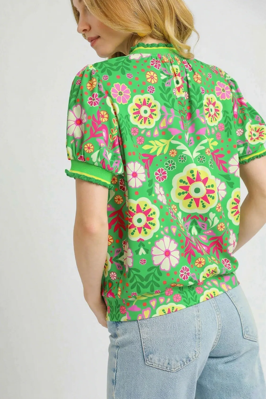 Umgee Retro Floral Puff Sleeve Top - Image 2