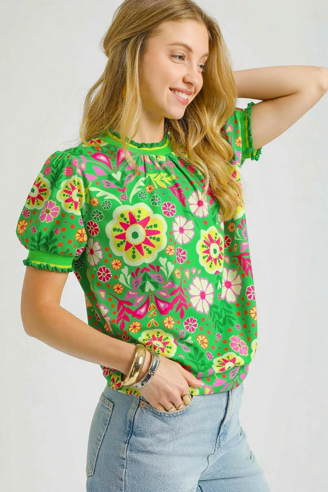 Umgee Retro Floral Puff Sleeve Top - Image 3