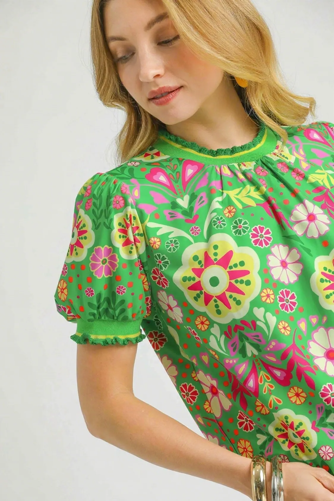 Umgee Retro Floral Puff Sleeve Top - Image 4