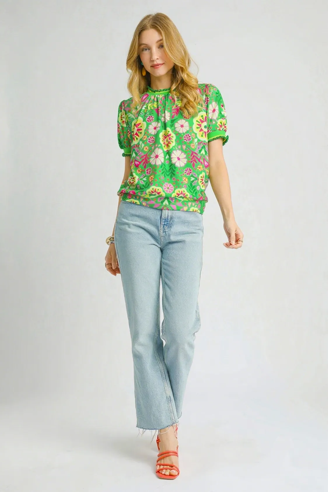 Umgee Retro Floral Puff Sleeve Top - Image 5