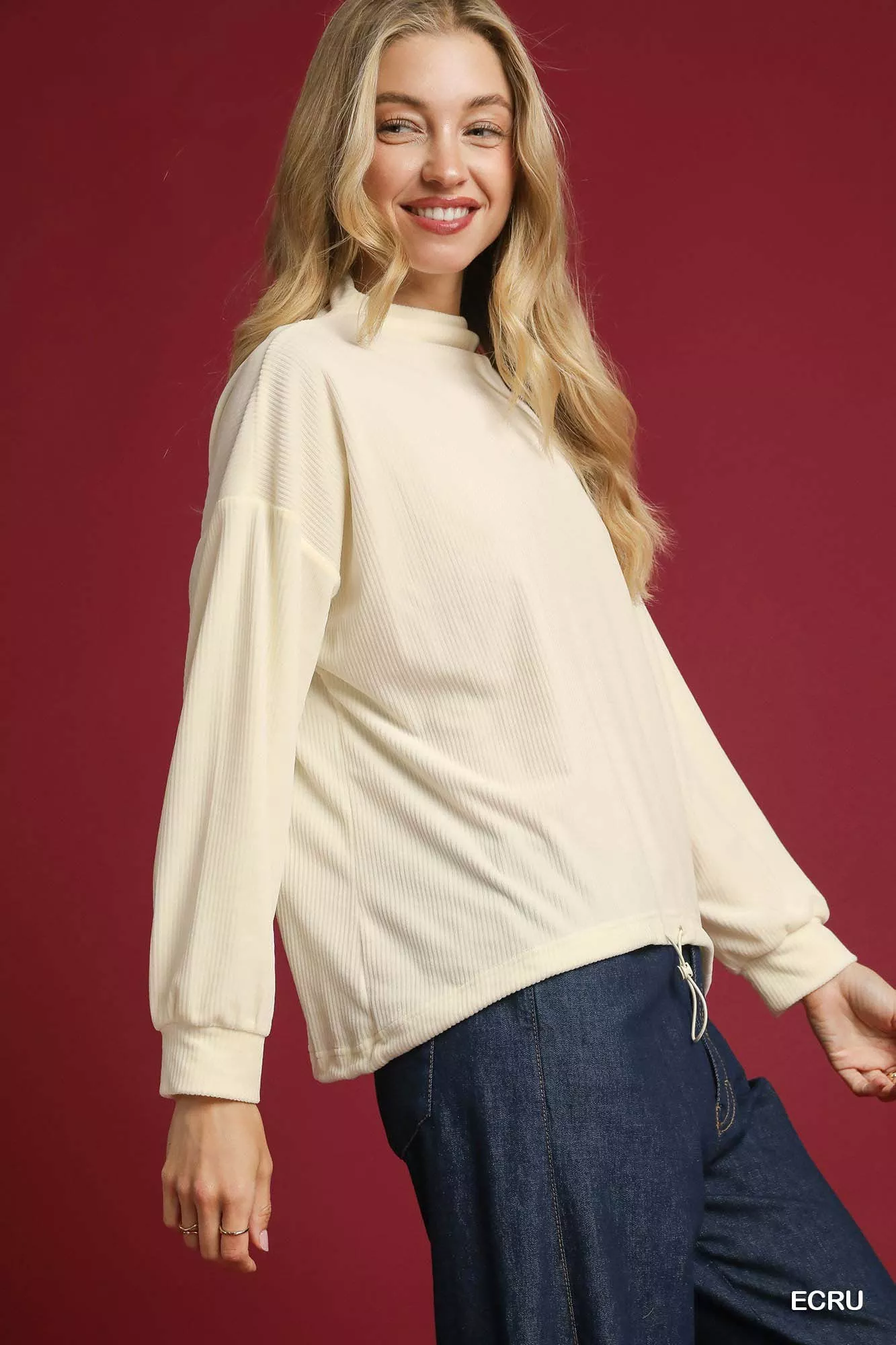 Umgee Ribbed Drawstring Hem Knit Top - Image 2