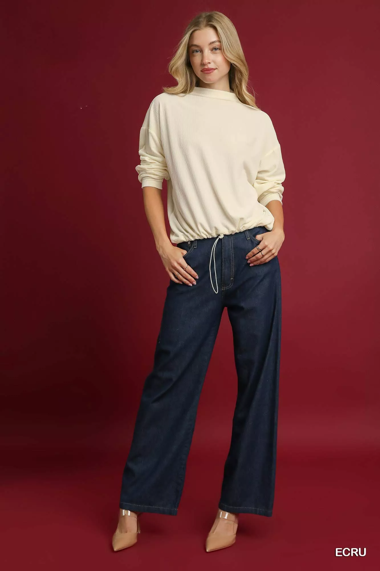 Umgee Ribbed Drawstring Hem Knit Top - Image 4