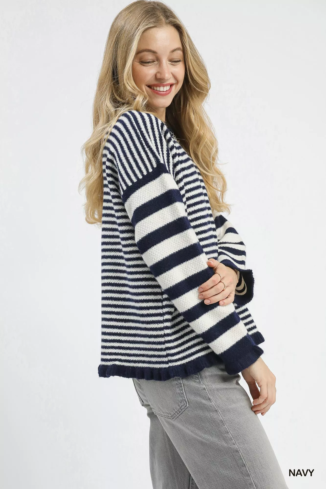 Umgee Ruffle Neck Stripe Sweater - Image 2