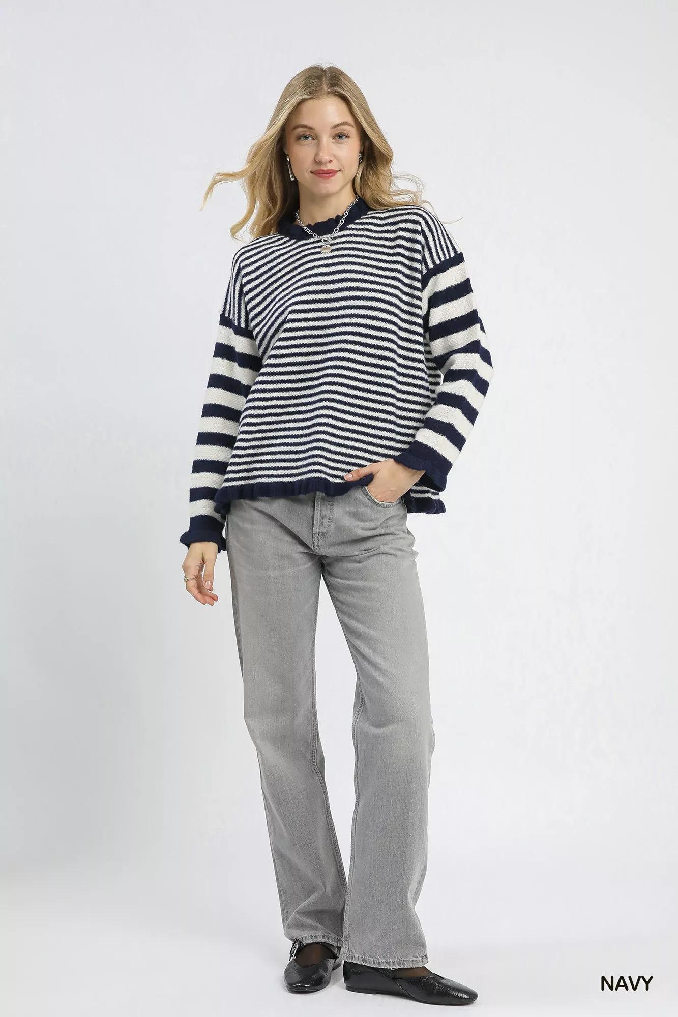 Umgee Ruffle Neck Stripe Sweater - Image 4