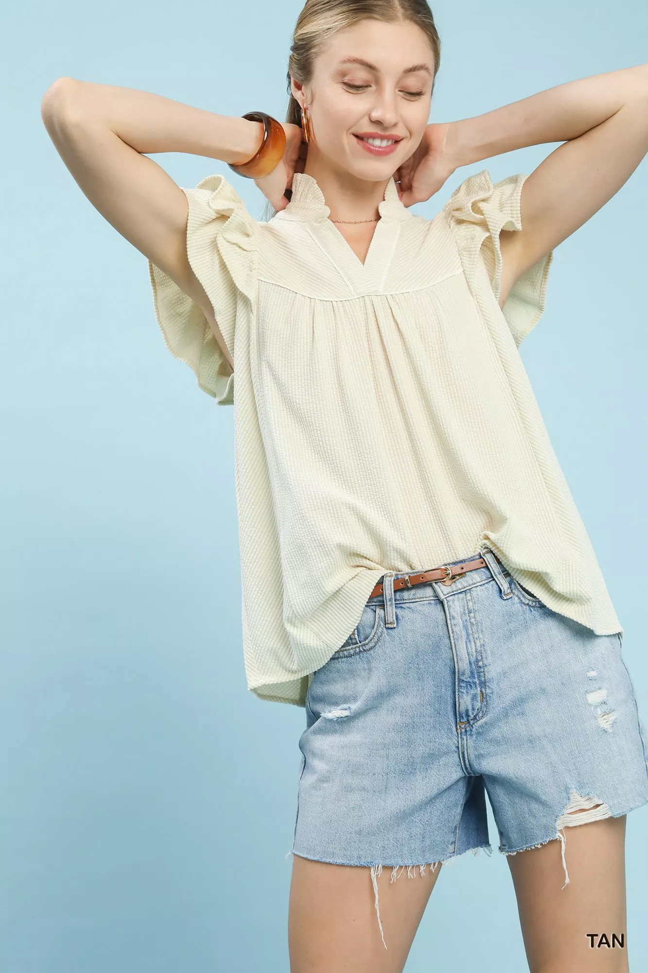 Umgee Ruffled Sleeve Textured Blouse - Image 2