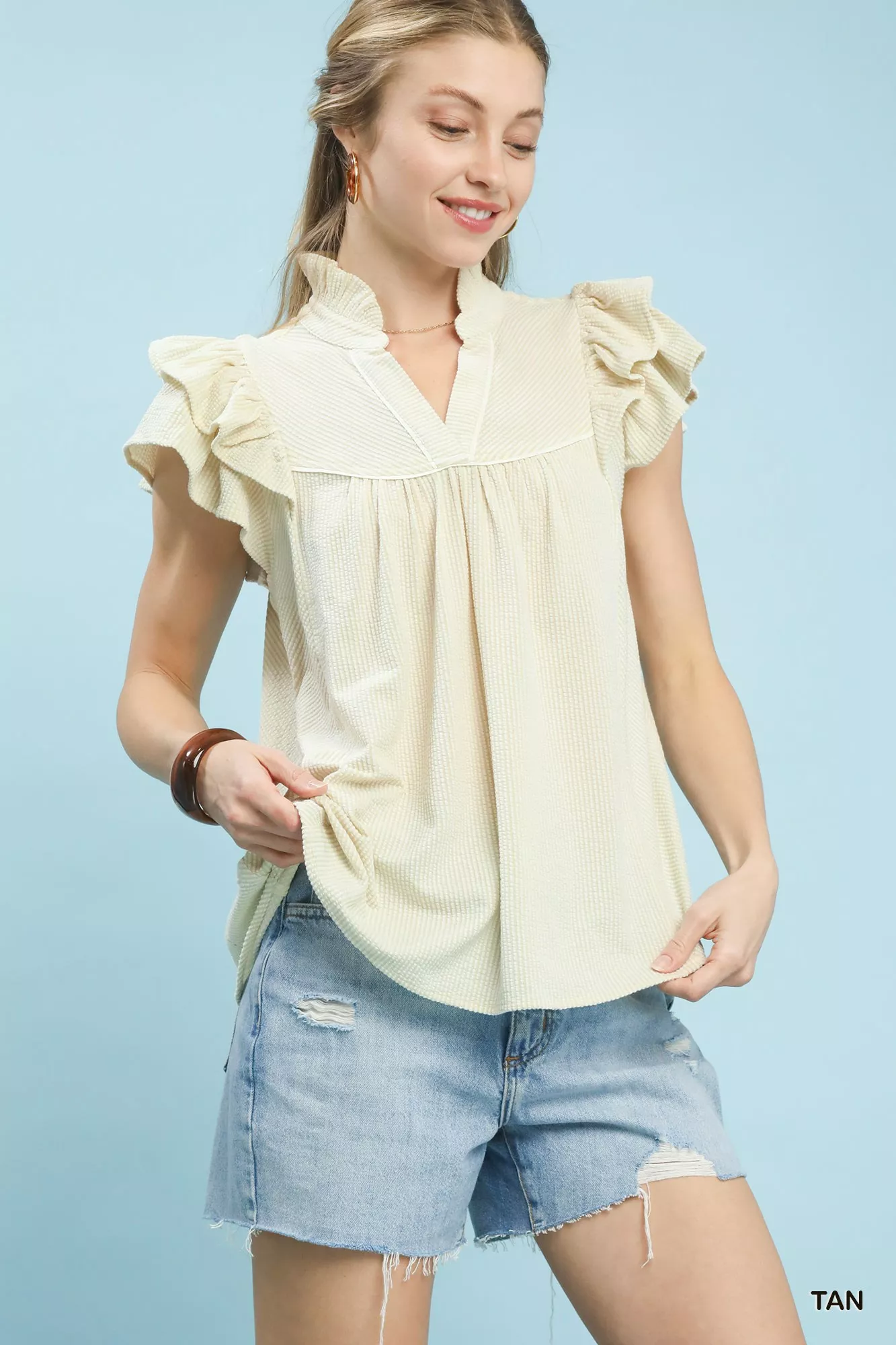 Umgee Ruffled Sleeve Textured Blouse - Image 3