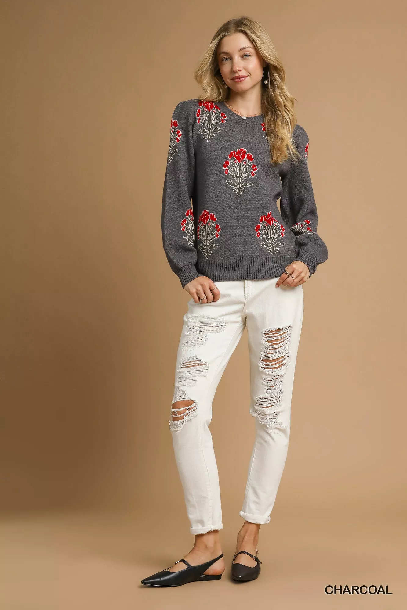 Umgee Single Flower Stem Jacquard Sweater - Image 4