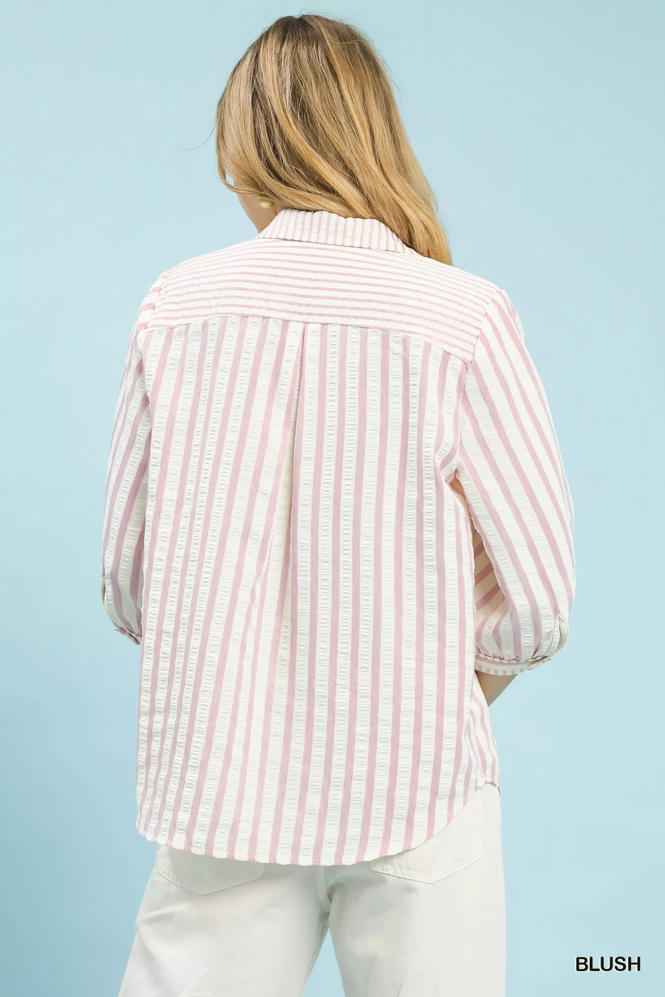Umgee Striped Collared Neck Blouse - Image 3