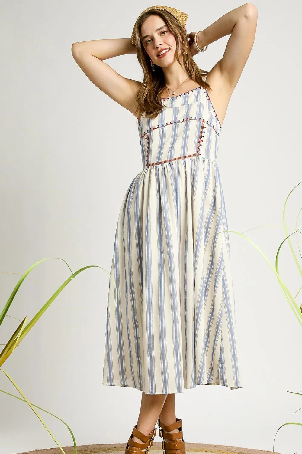 Umgee Striped Colorful Embroidered Trim Cami Dress - Image 2