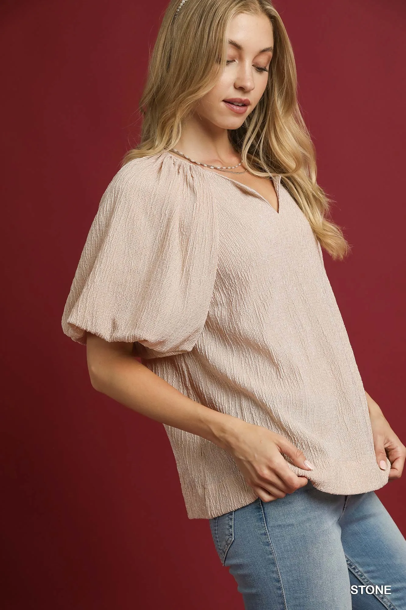 Umgee Texture Puff Sleeve Notched Blouse - Image 2