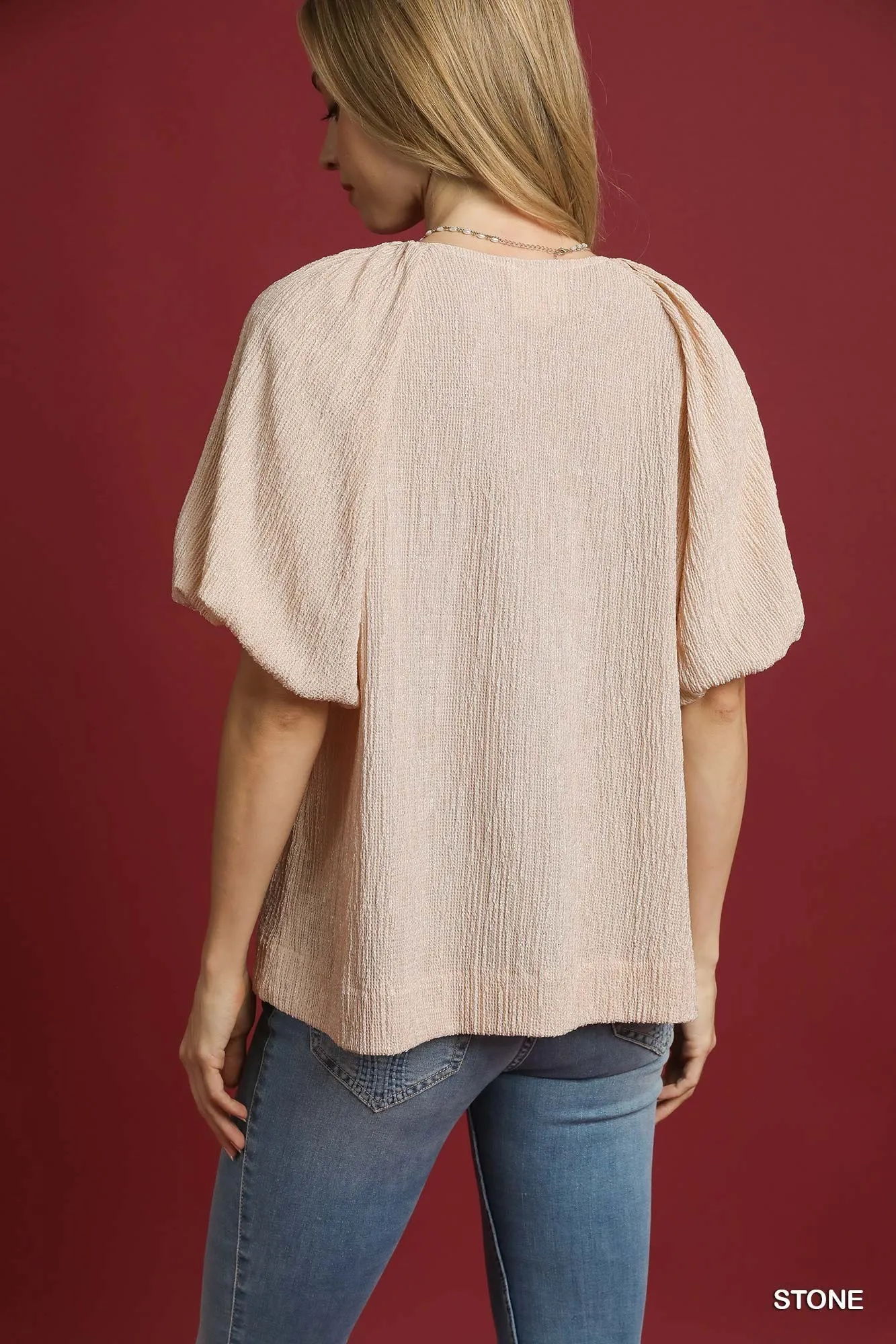 Umgee Texture Puff Sleeve Notched Blouse - Image 3