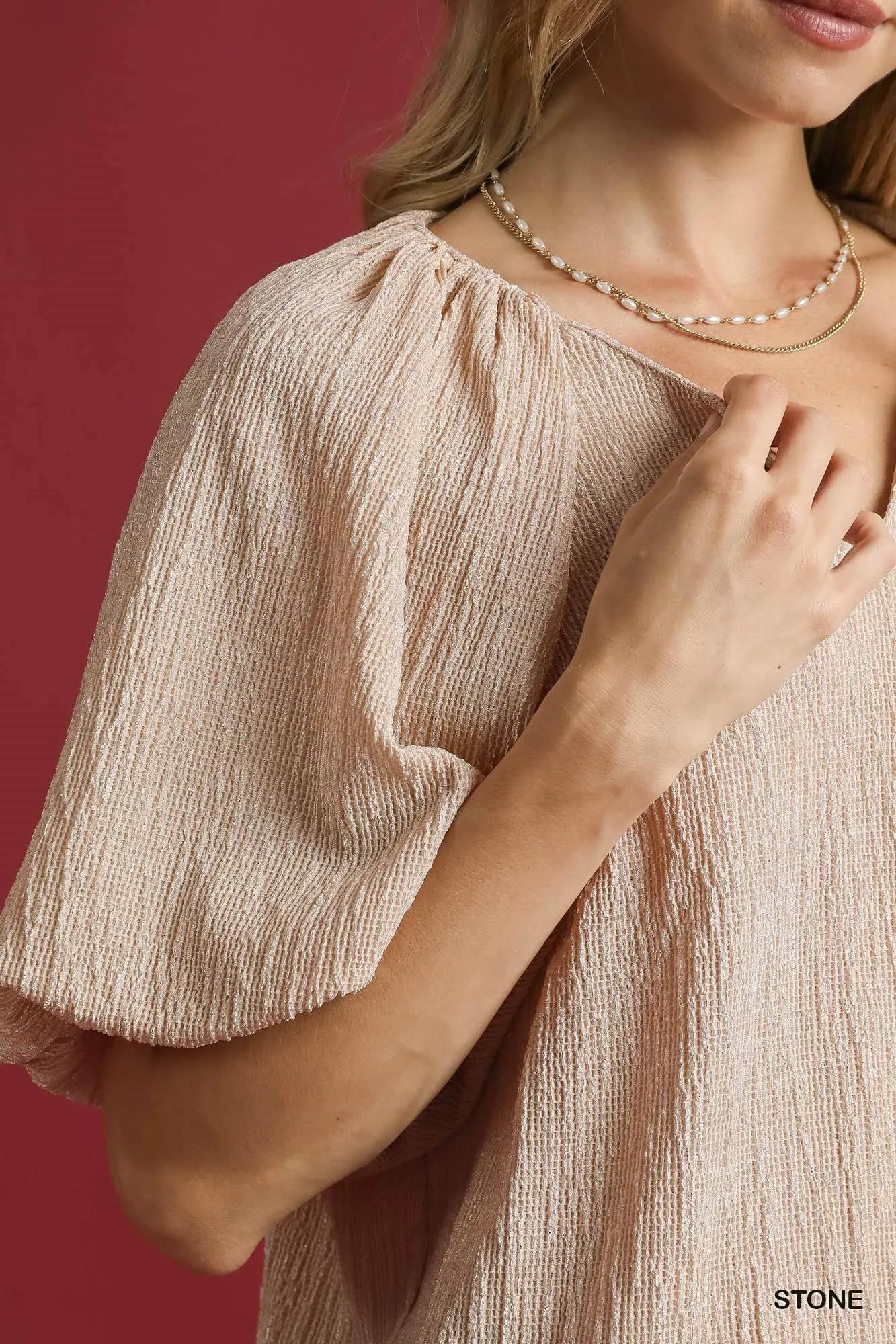 Umgee Texture Puff Sleeve Notched Blouse - Image 4