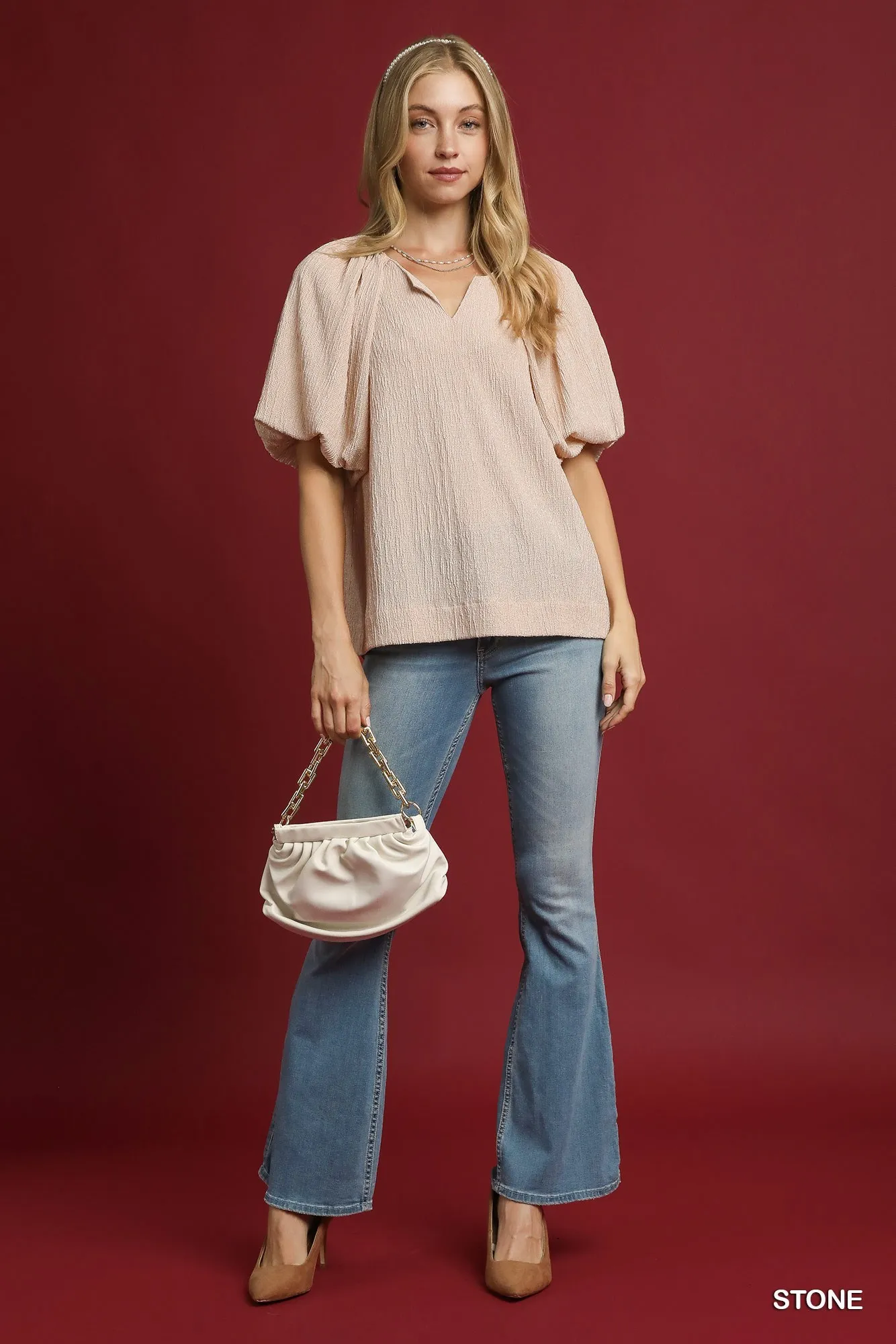 Umgee Texture Puff Sleeve Notched Blouse - Image 5