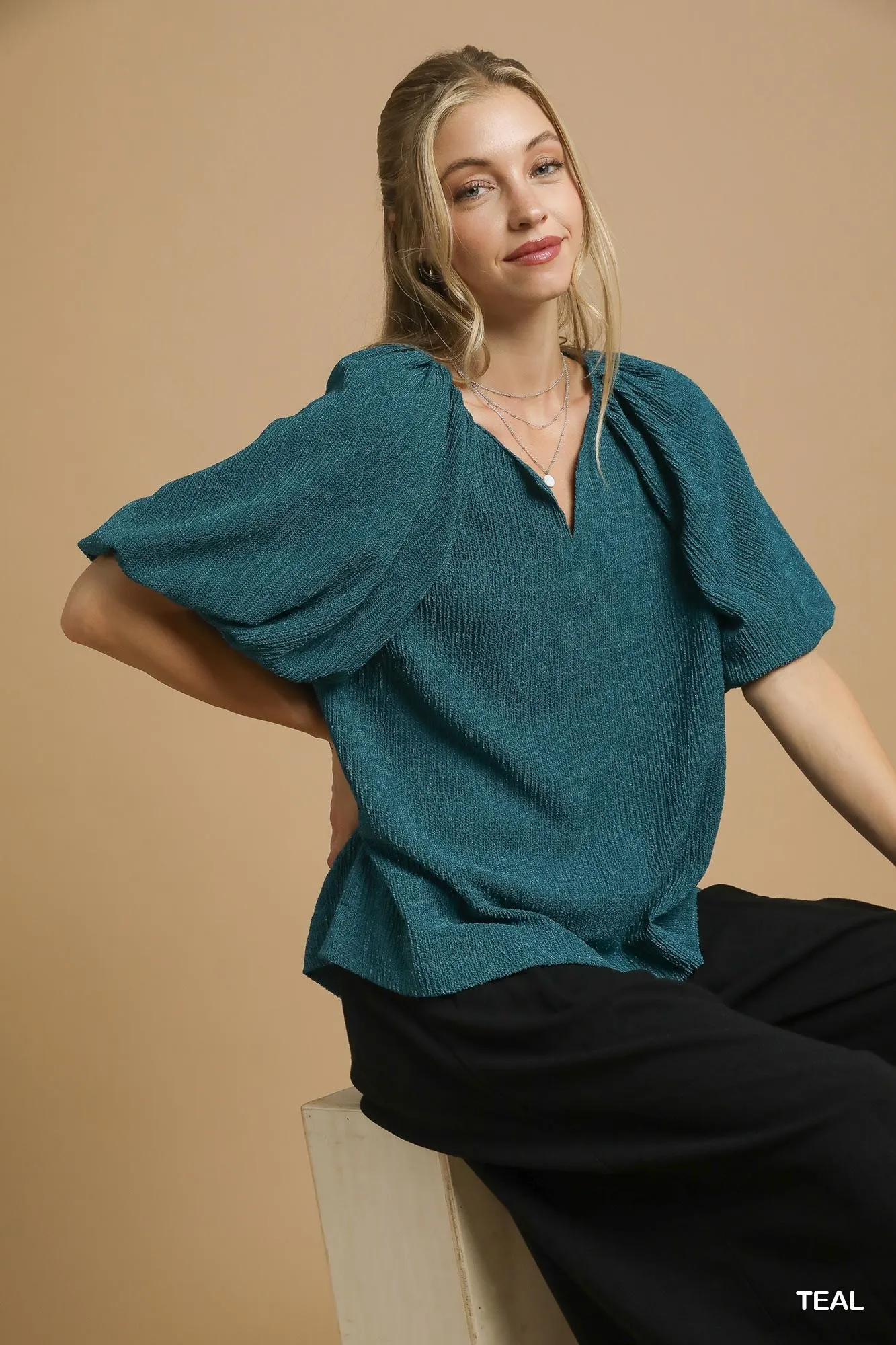 Umgee Textured Flutter Sleeve Notch Neck Top - Image 2