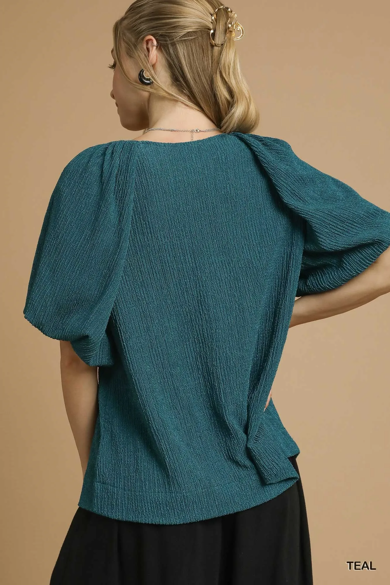 Umgee Textured Flutter Sleeve Notch Neck Top - Image 3