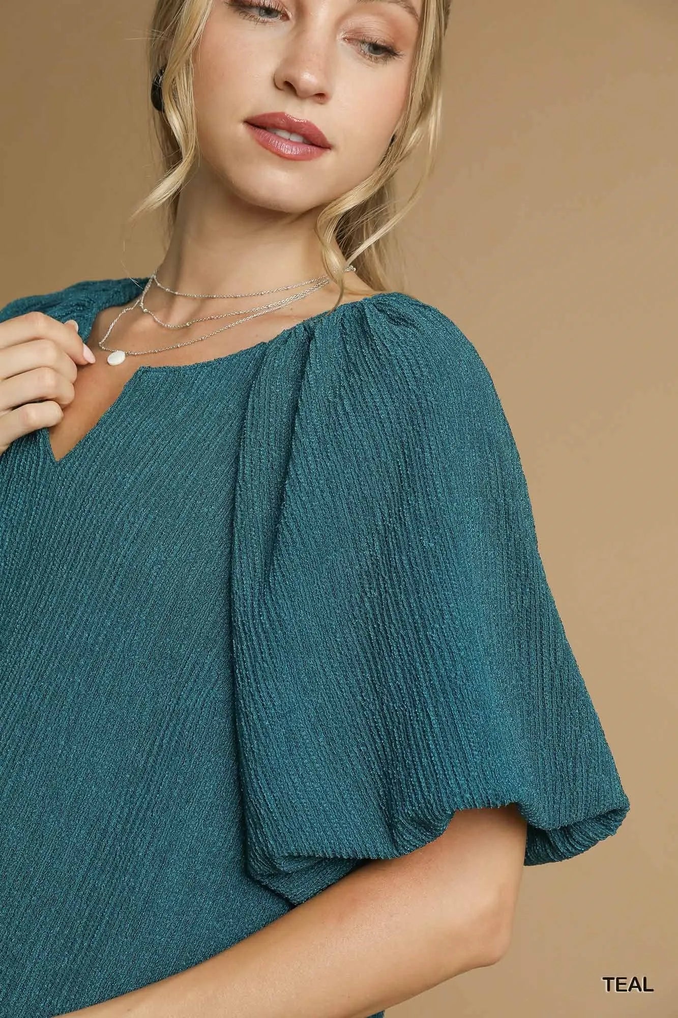Umgee Textured Flutter Sleeve Notch Neck Top - Image 4