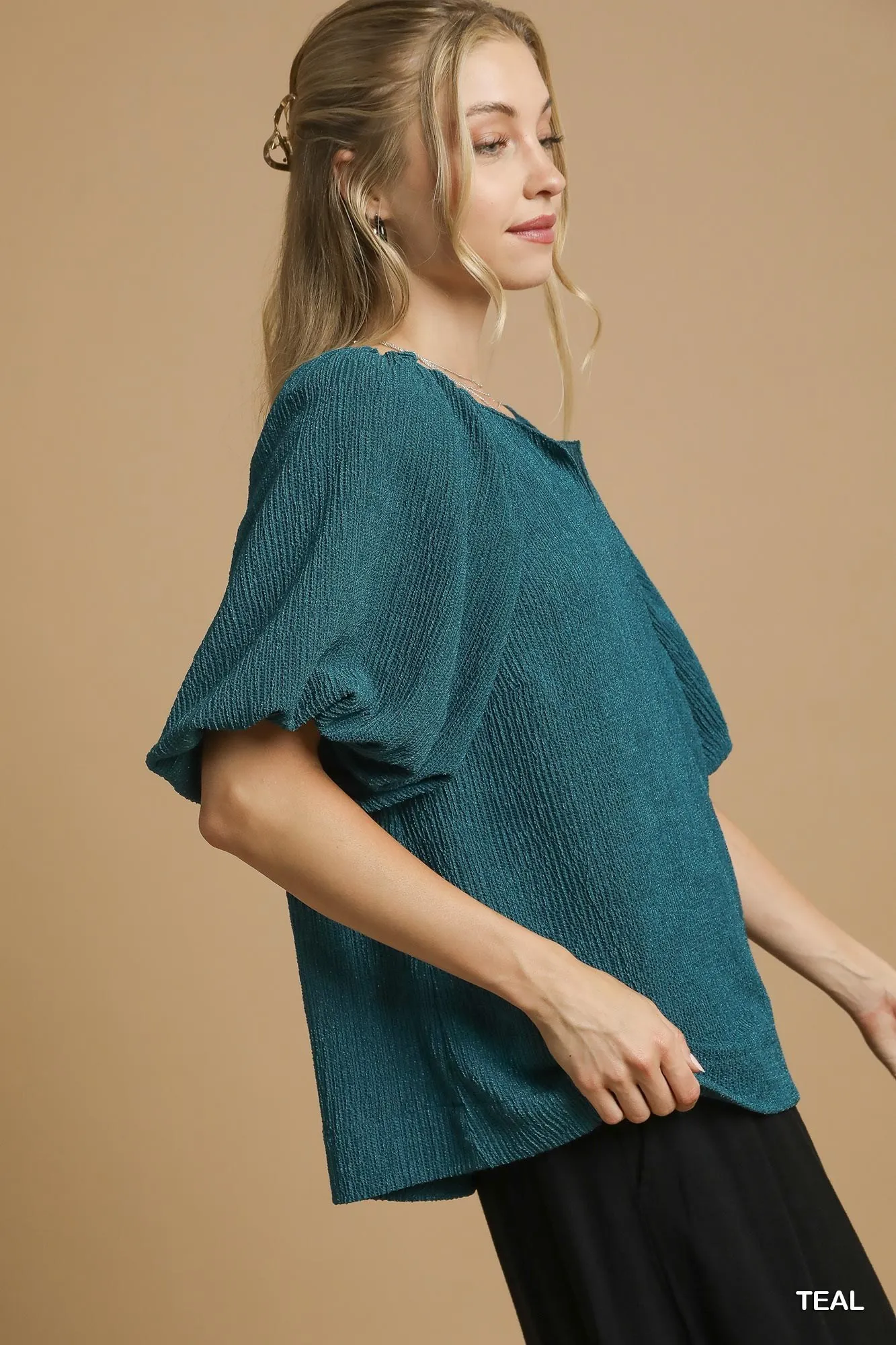 Umgee Textured Flutter Sleeve Notch Neck Top - Image 5