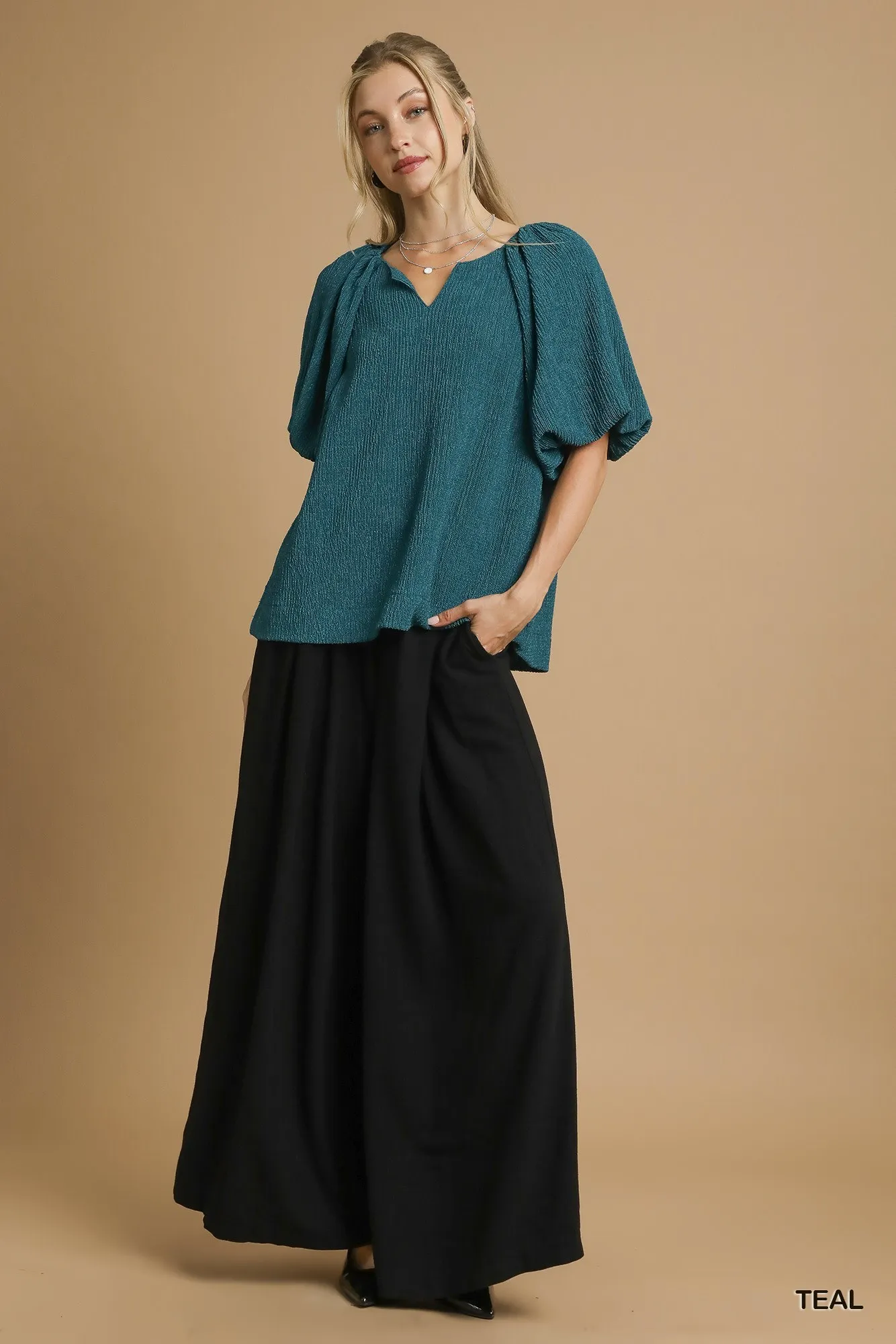 Umgee Textured Flutter Sleeve Notch Neck Top - Image 6