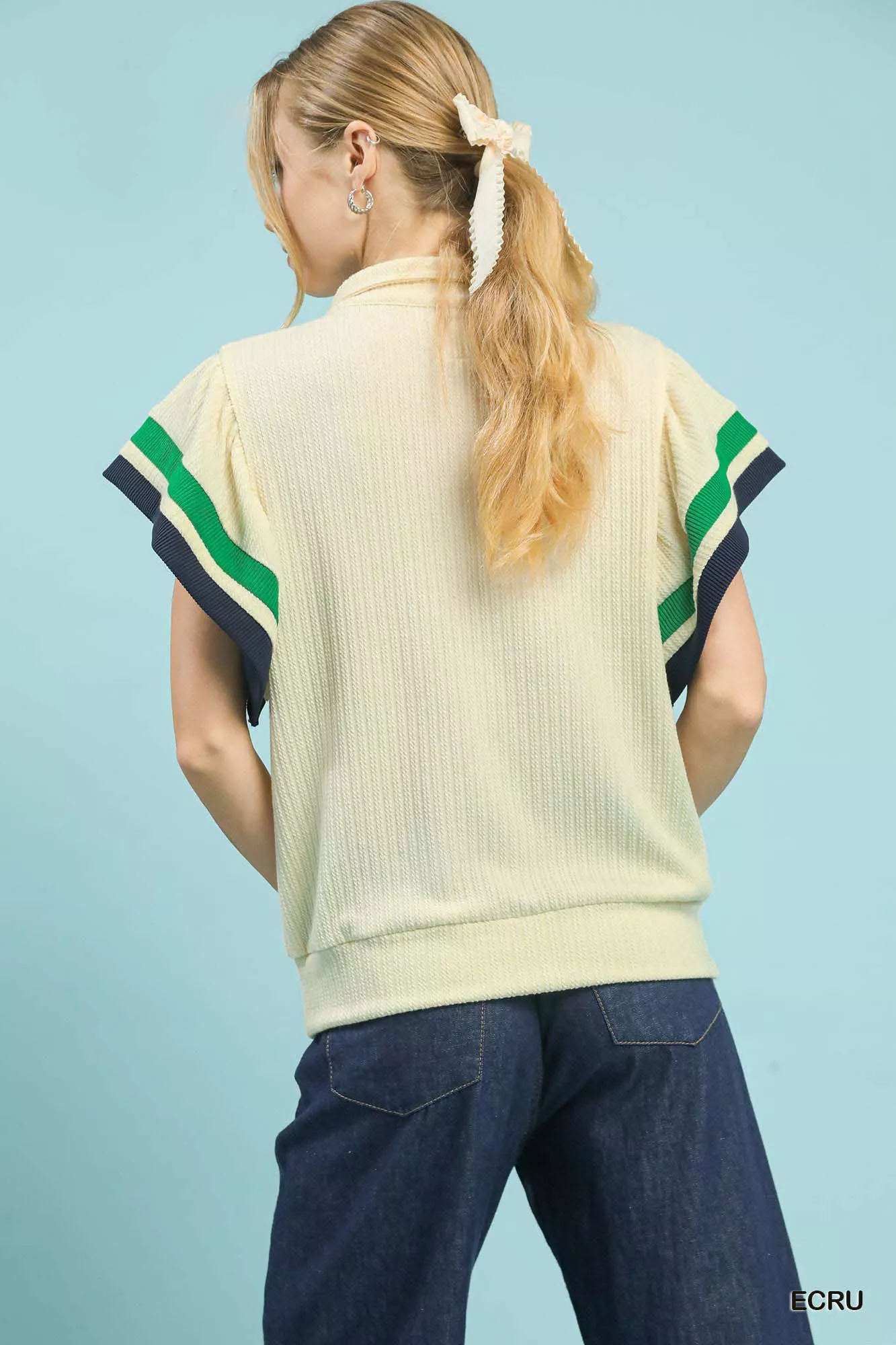 Umgee Textured Half Zip Top with Striped Flutter Sleeves - Image 3