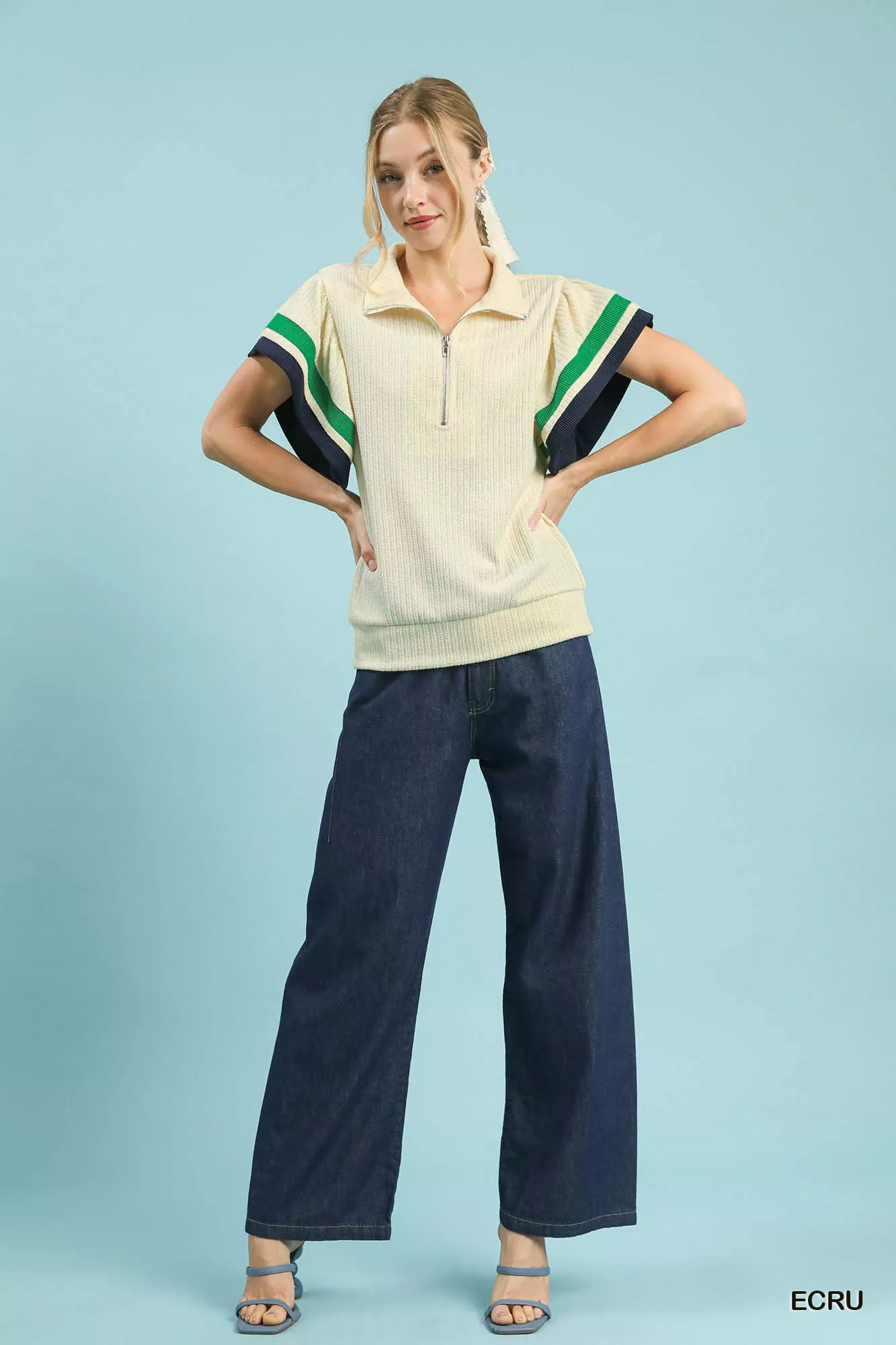 Umgee Textured Half Zip Top with Striped Flutter Sleeves - Image 4