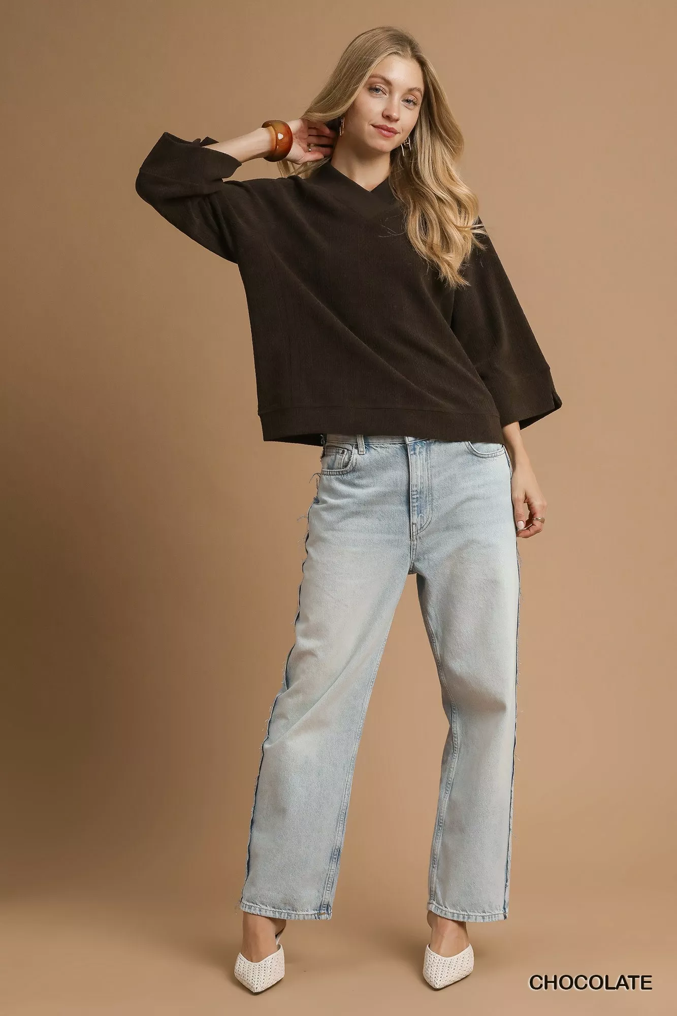 Umgee Textured Knit V-Neck Top - Image 2