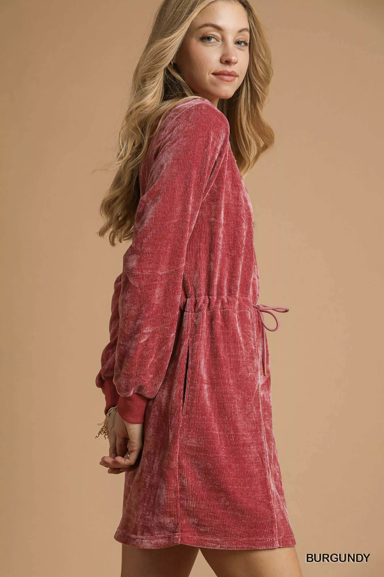 Umgee Velour Drawstring Mini Dress with Long Sleeves - Image 2