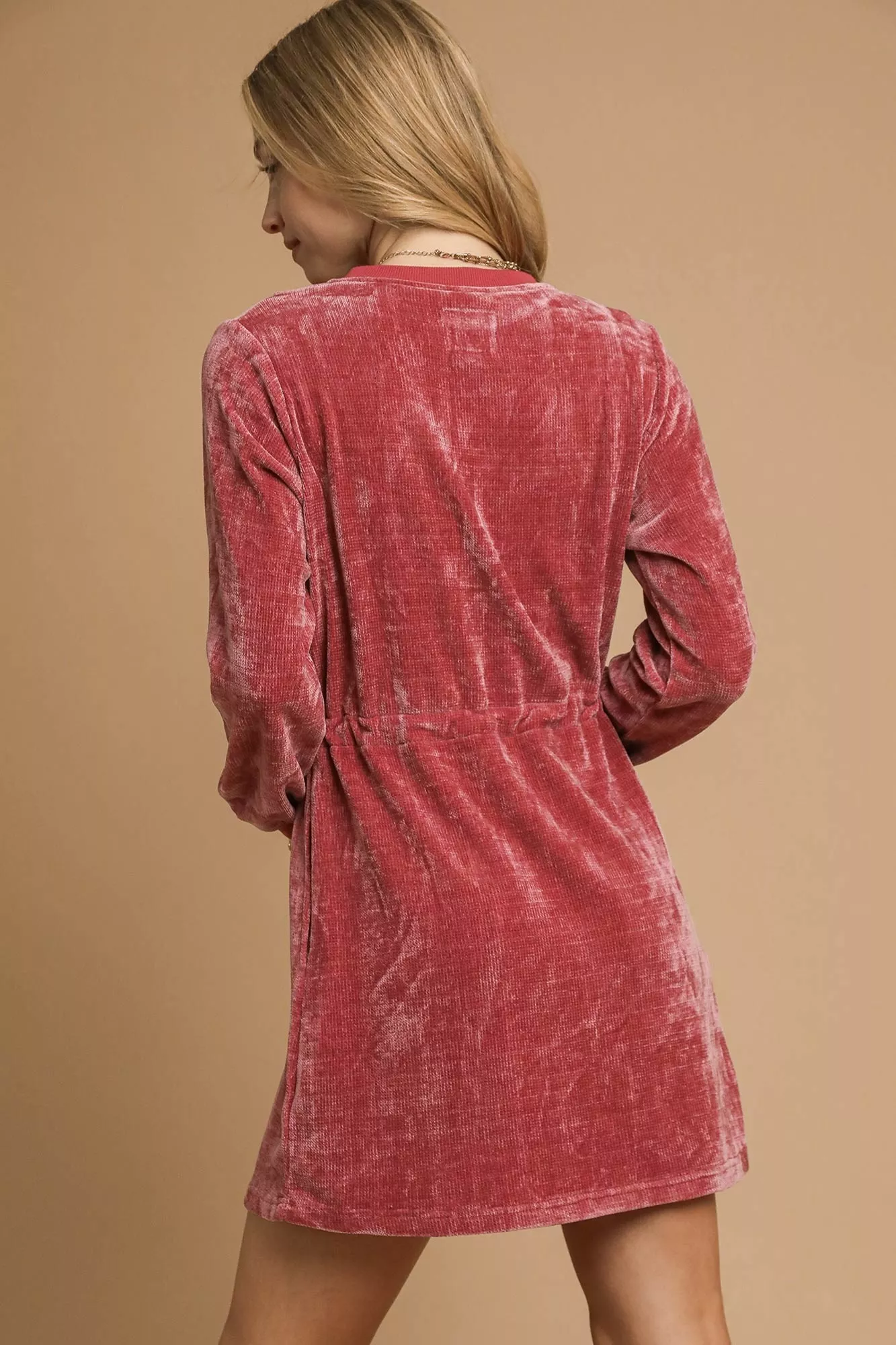 Umgee Velour Drawstring Mini Dress with Long Sleeves - Image 3