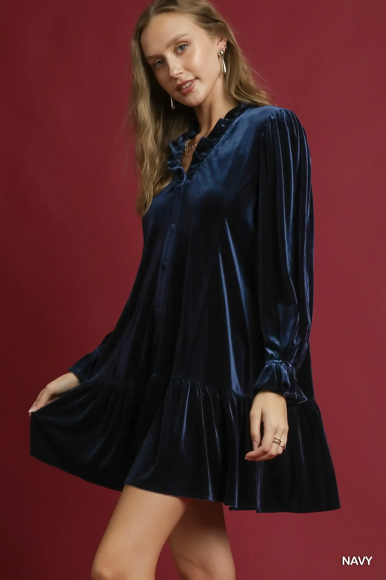 Umgee Velvet Ruffle Trim Mini Dress - Image 2