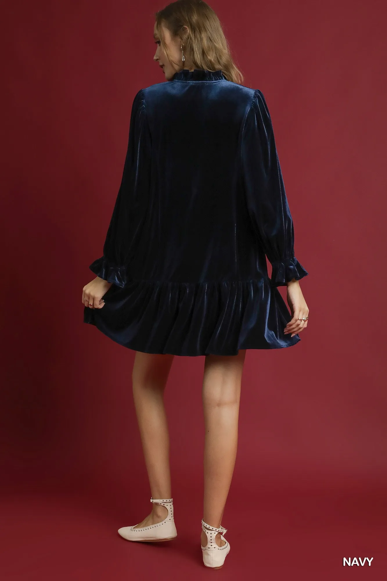 Umgee Velvet Ruffle Trim Mini Dress - Image 3