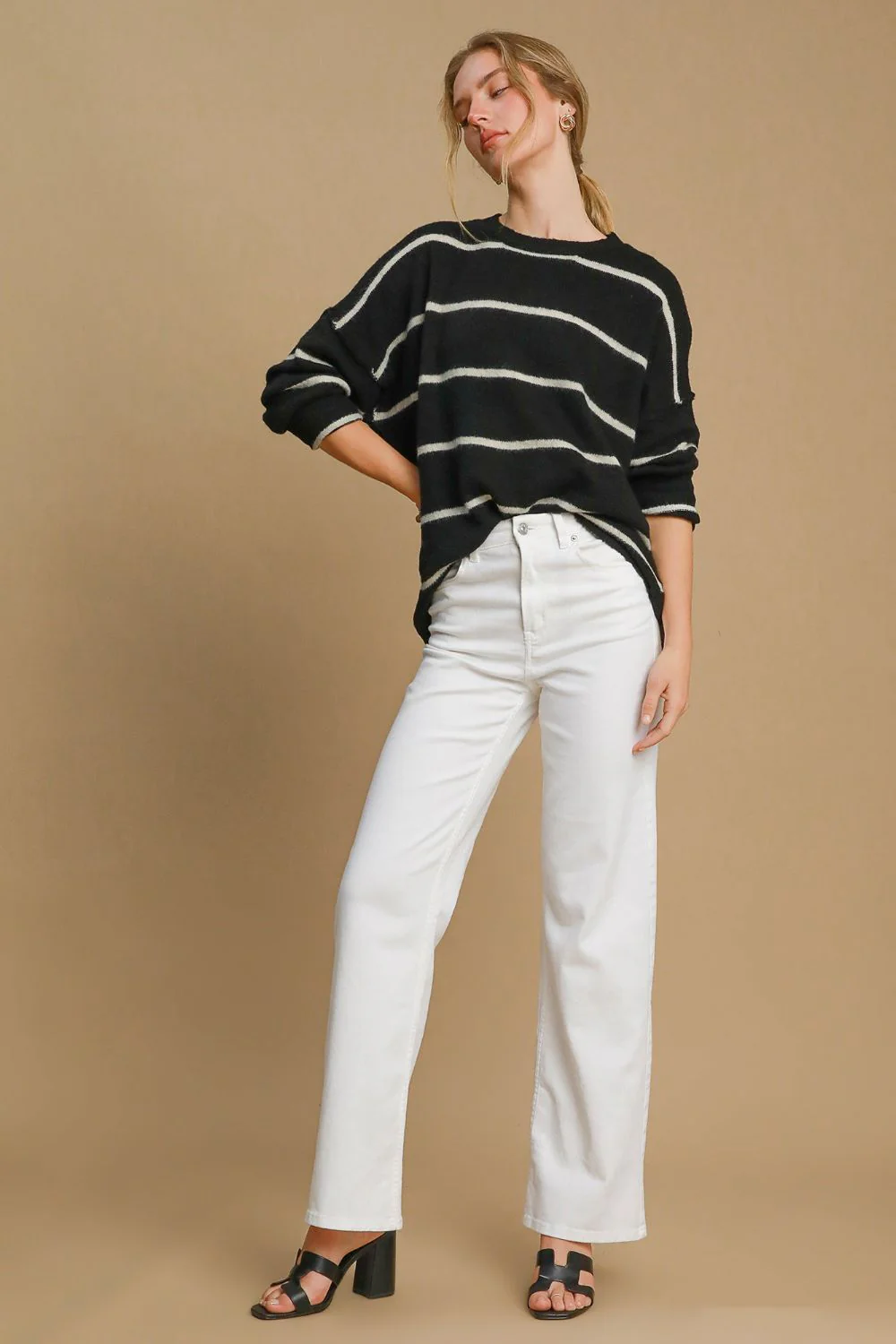 Umgee Wool Blend Striped Round Neck Sweater - Image 5