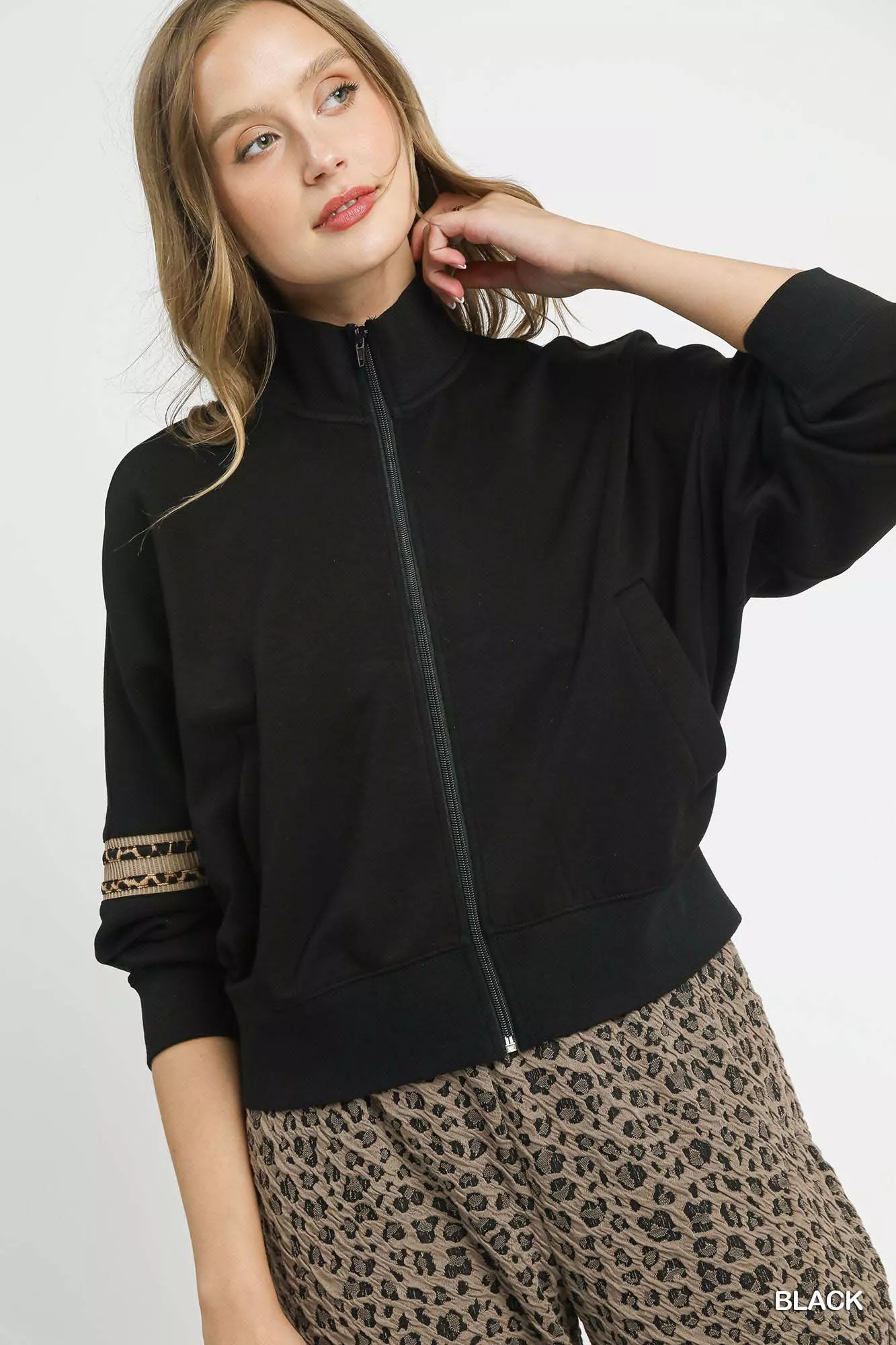 Umgee Zipper Up Cropped Jacket with Leopard Trim - Image 2