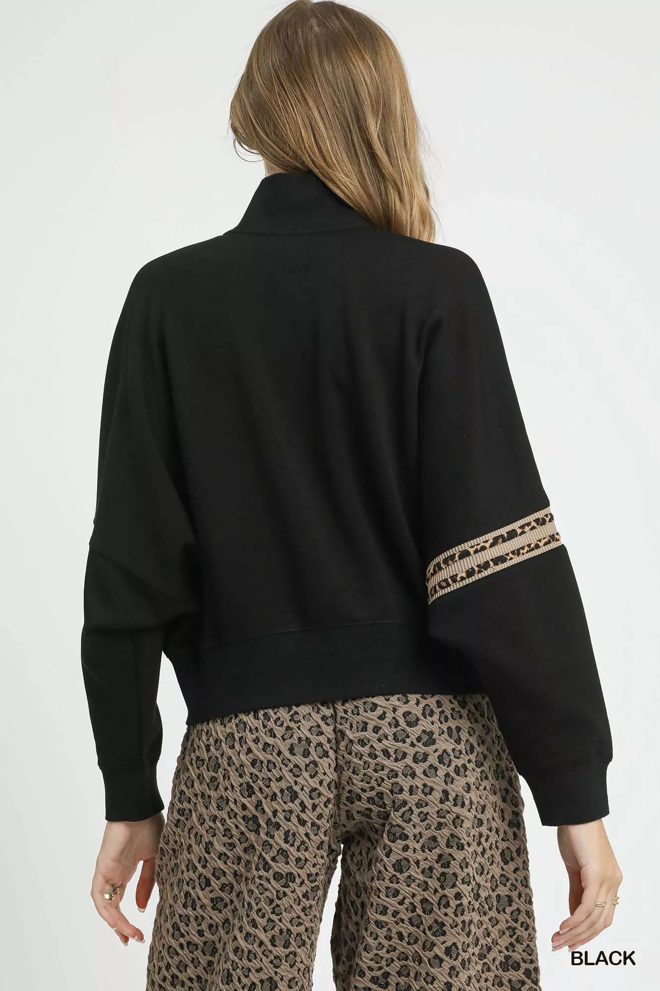 Umgee Zipper Up Cropped Jacket with Leopard Trim - Image 4